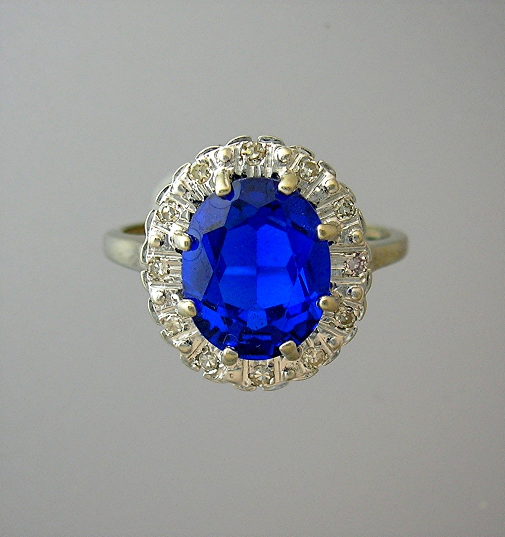 Ring 14 K White Gold Synthetic Sapphire & Diamond