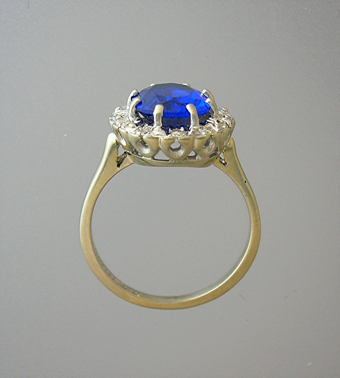 Ring 14 K White Gold Synthetic Sapphire & Diamond