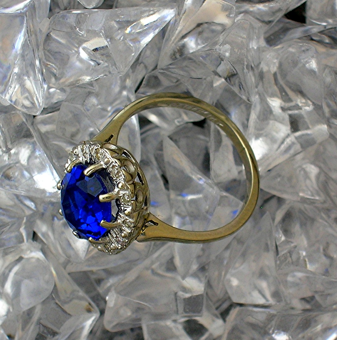 Ring 14 K White Gold Synthetic Sapphire & Diamond