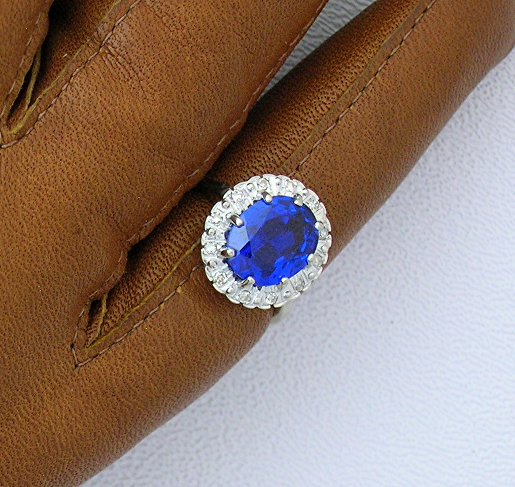 Ring 14 K White Gold Synthetic Sapphire & Diamond