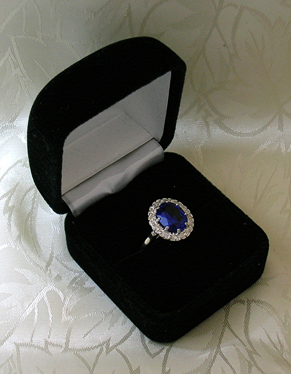 Ring 14 K White Gold Synthetic Sapphire & Diamond
