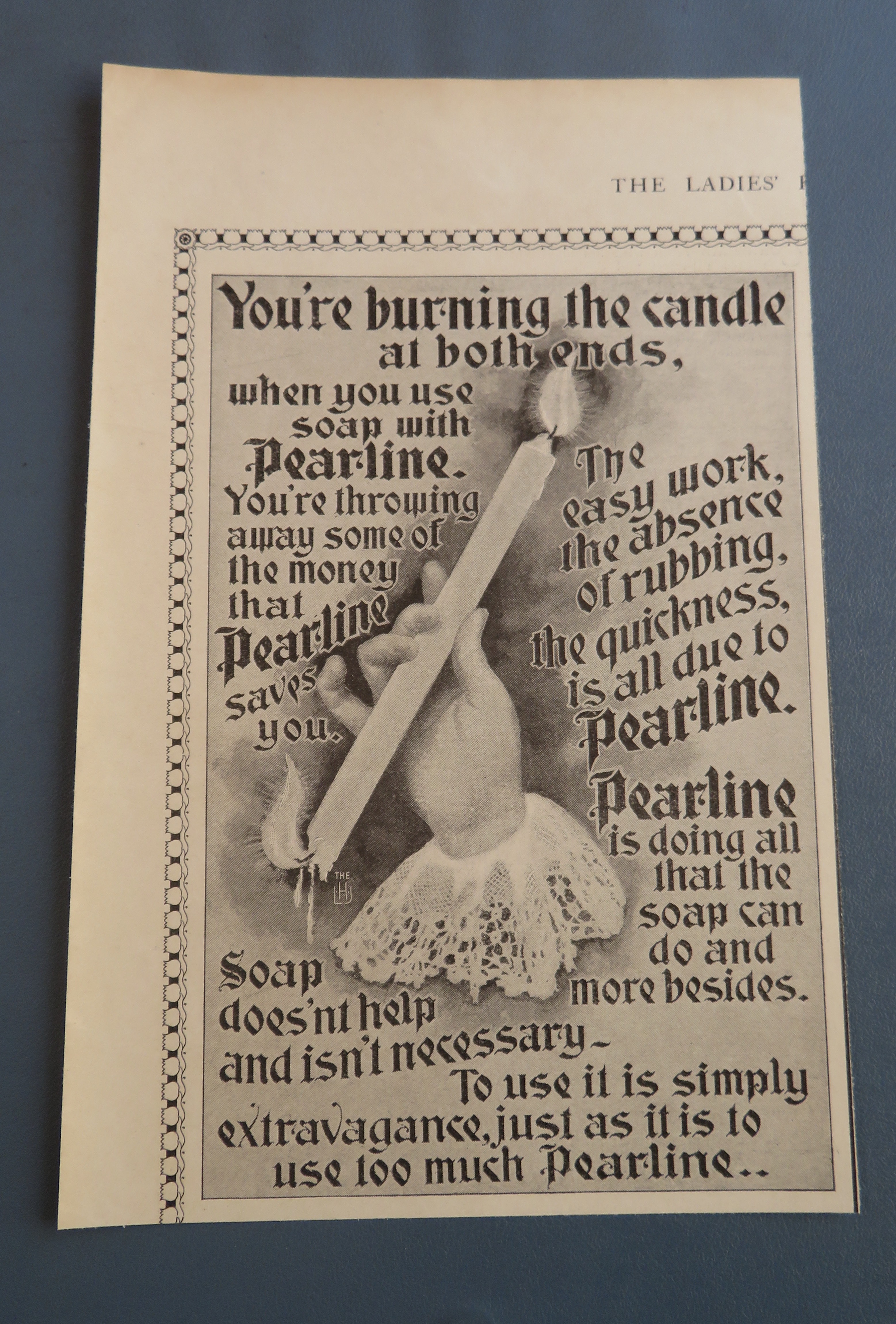 1899 Pearline Soap with Candle Burning Both Ends