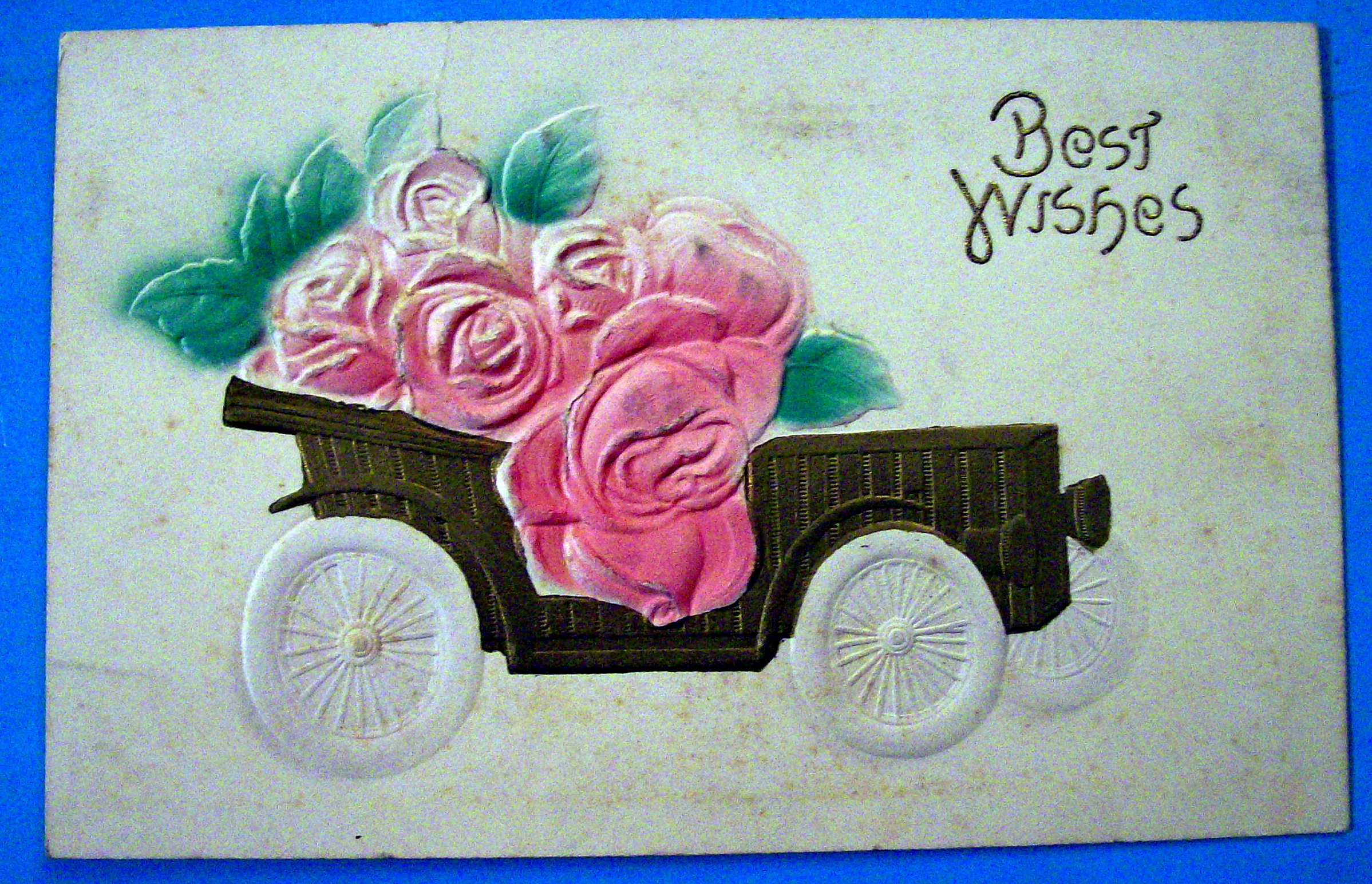 Best Wishes Postcard with Wagon Filled with Roses