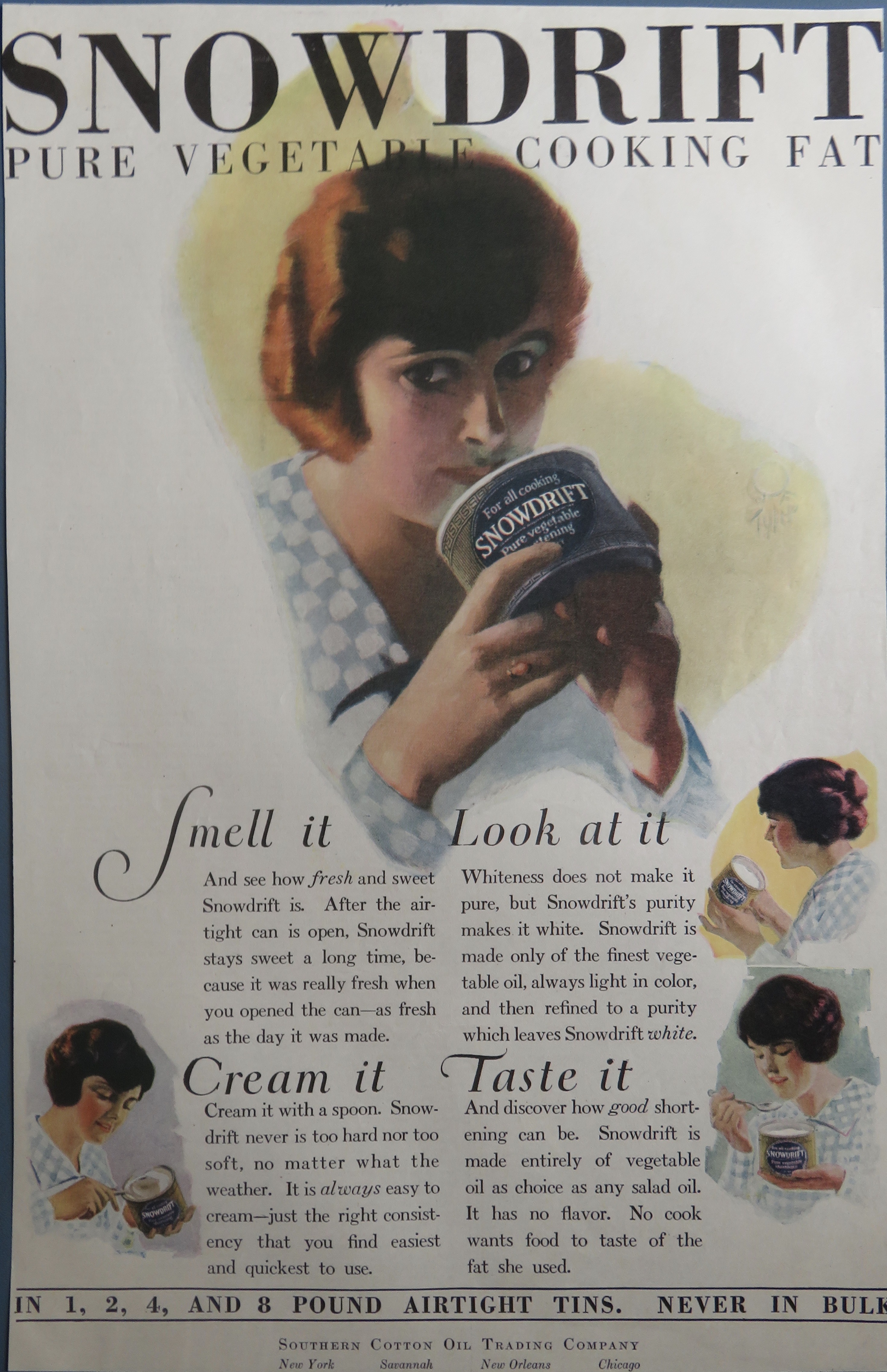 1920 Snowdrift Cooking Fat with Woman Smelling The Fat