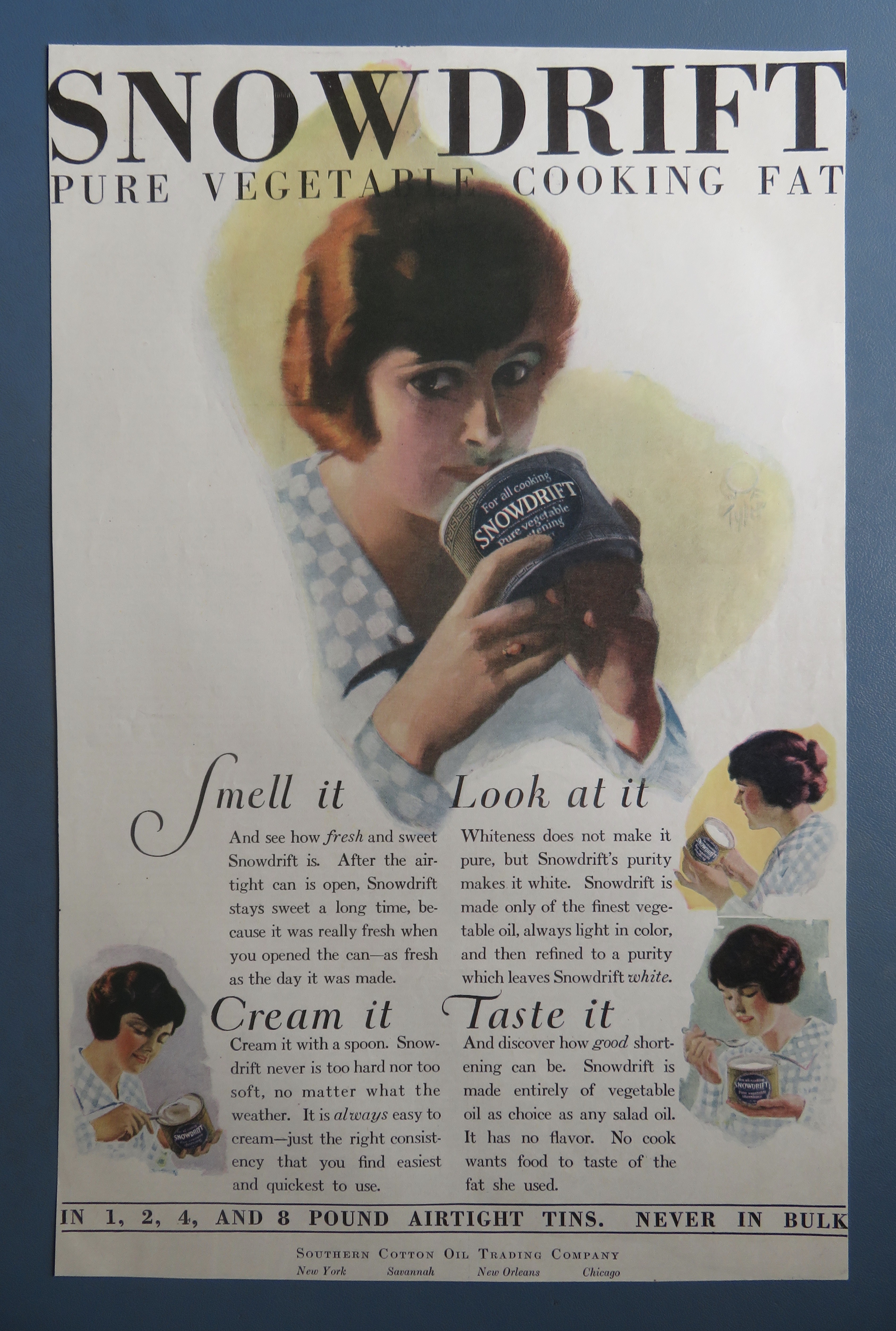 1920 Snowdrift Cooking Fat with Woman Smelling The Fat