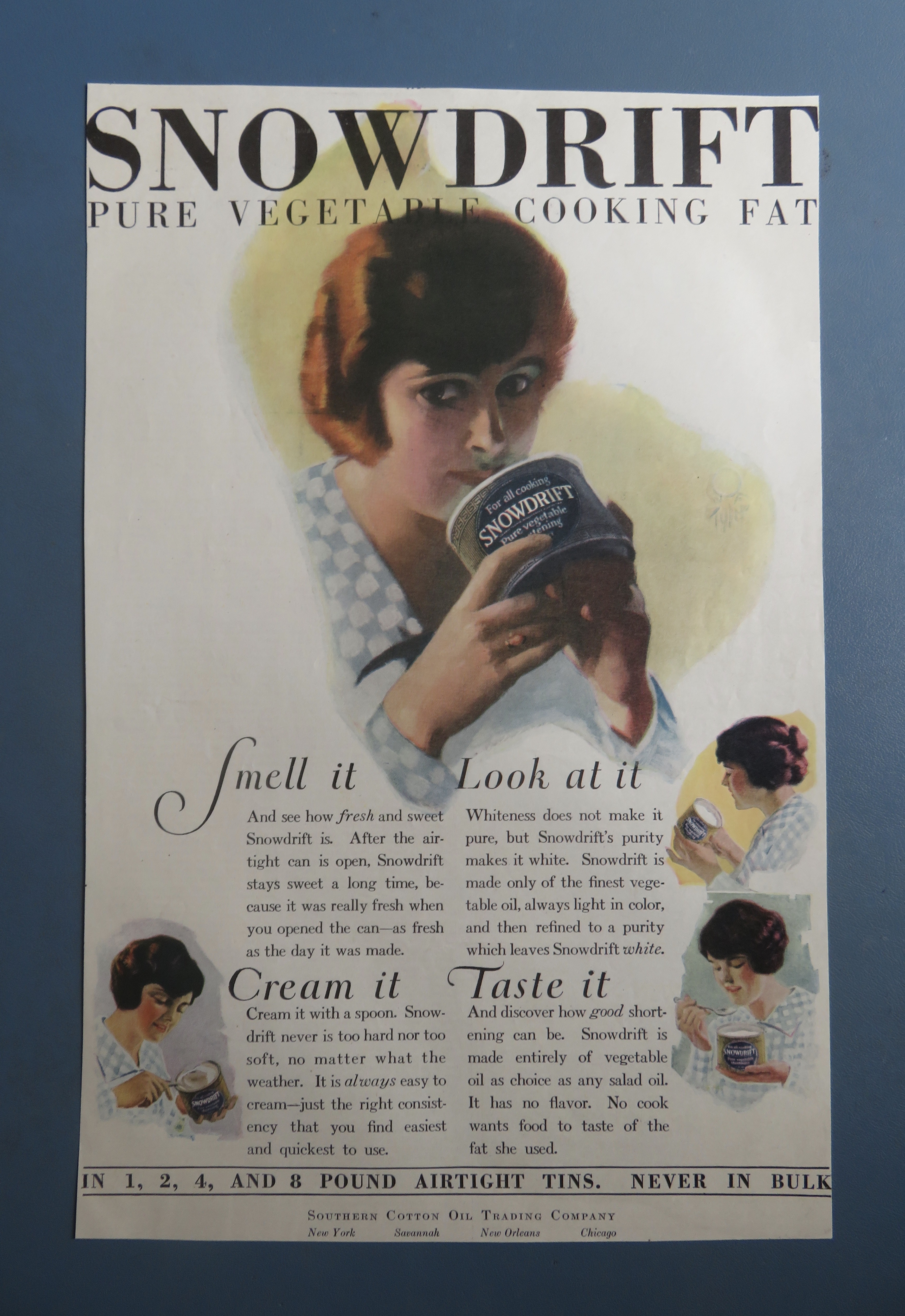 1920 Snowdrift Cooking Fat with Woman Smelling The Fat