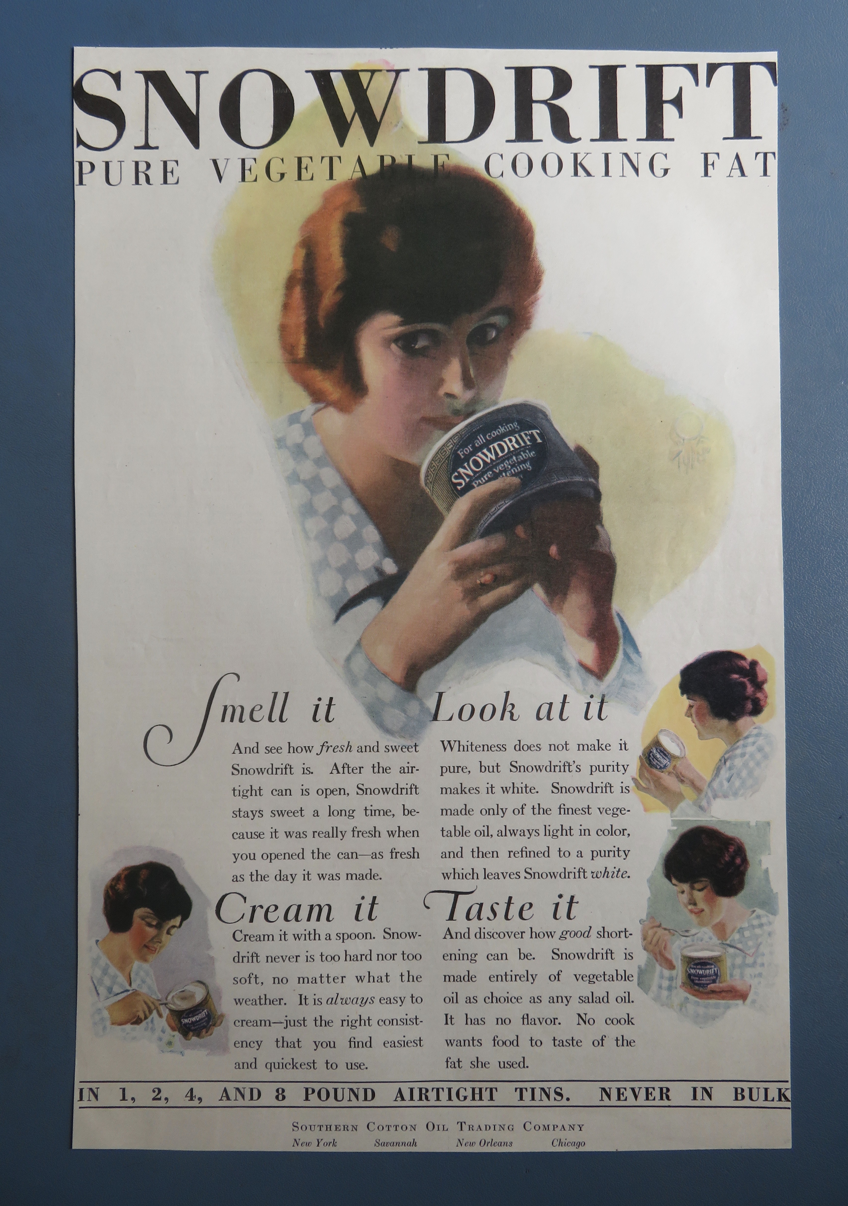 1920 Snowdrift Cooking Fat with Woman Smelling The Fat