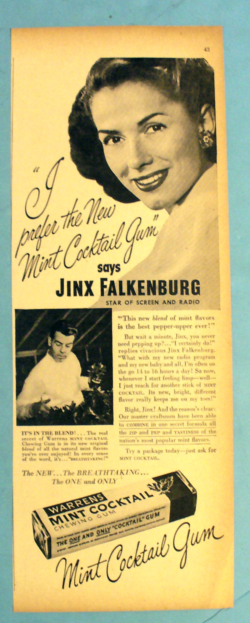 1947 Warren Mint Cocktail Gum w/ Jinx Falkenburg