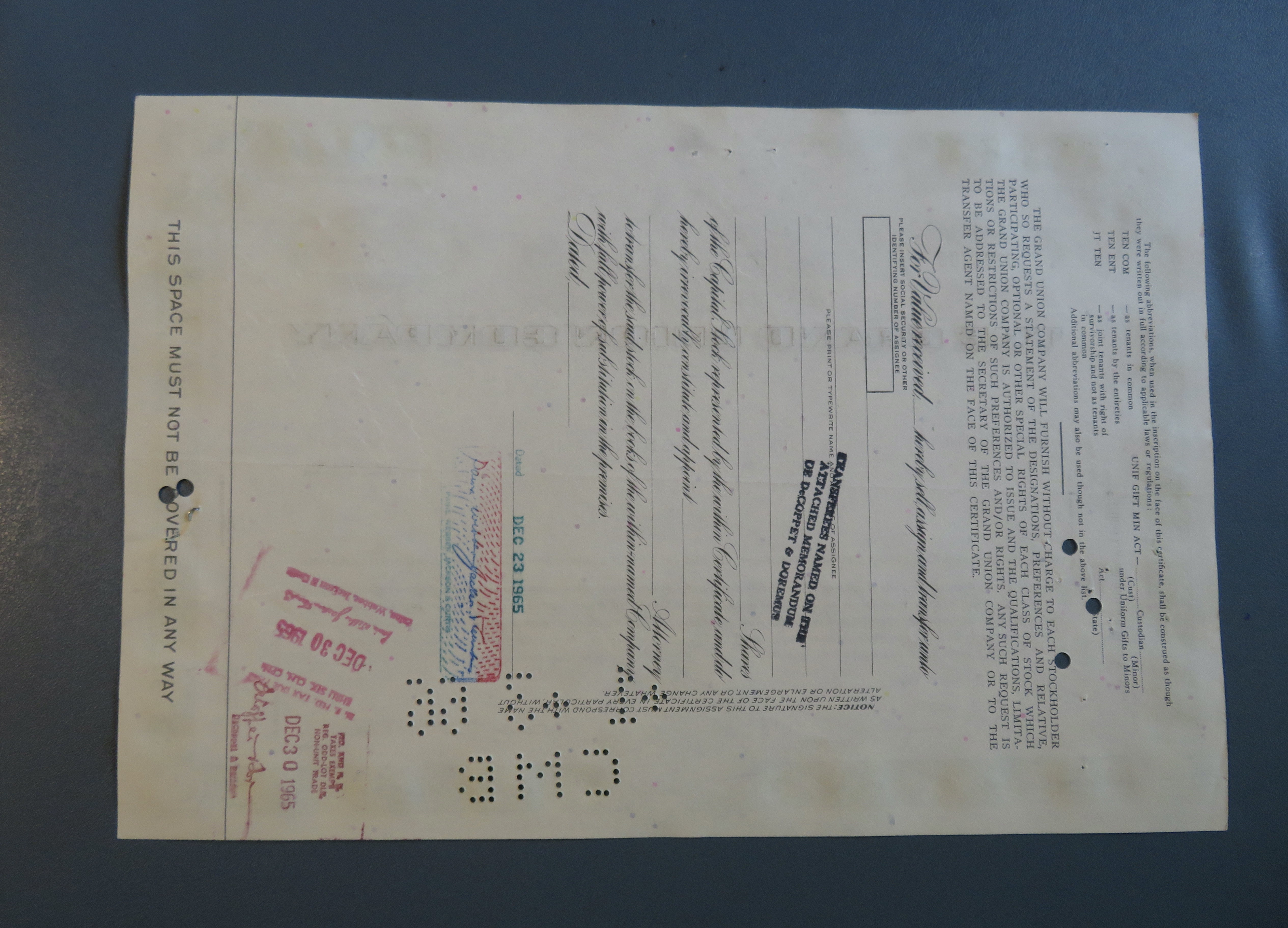 1965 The Grand Union Company Stock Certificate