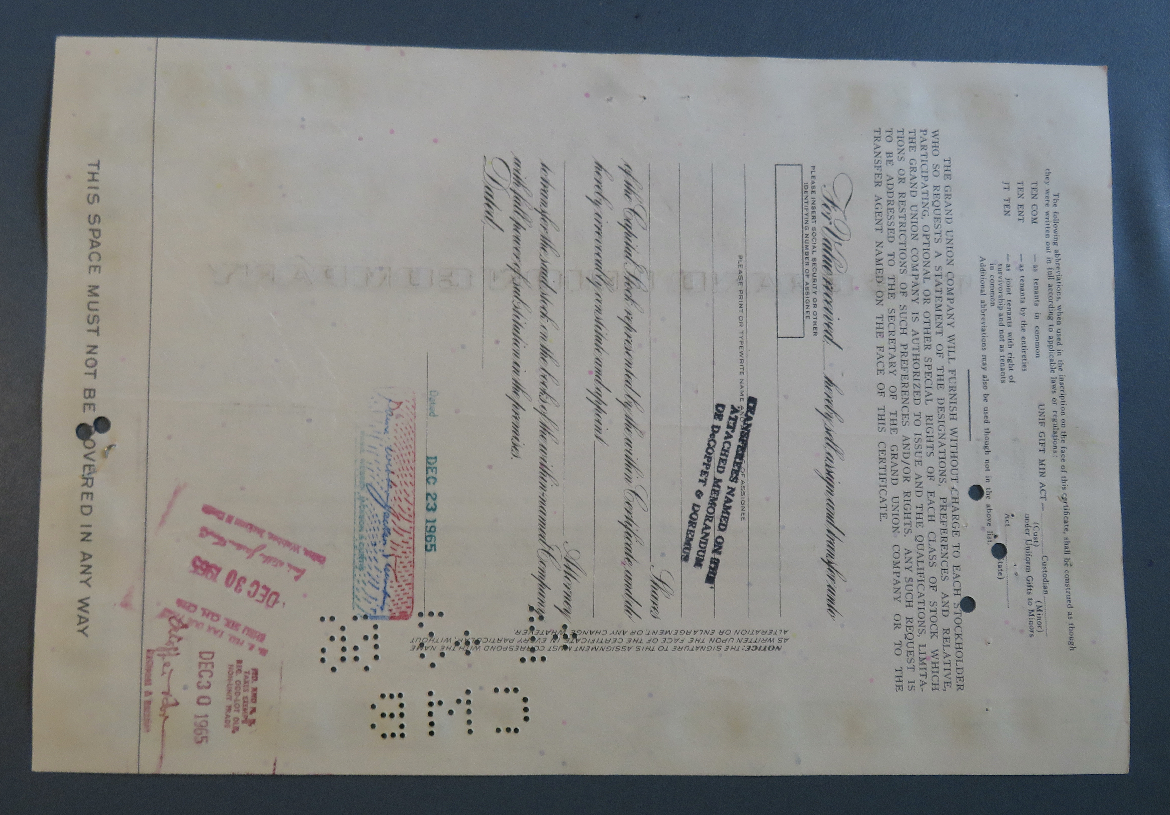 1965 The Grand Union Company Stock Certificate