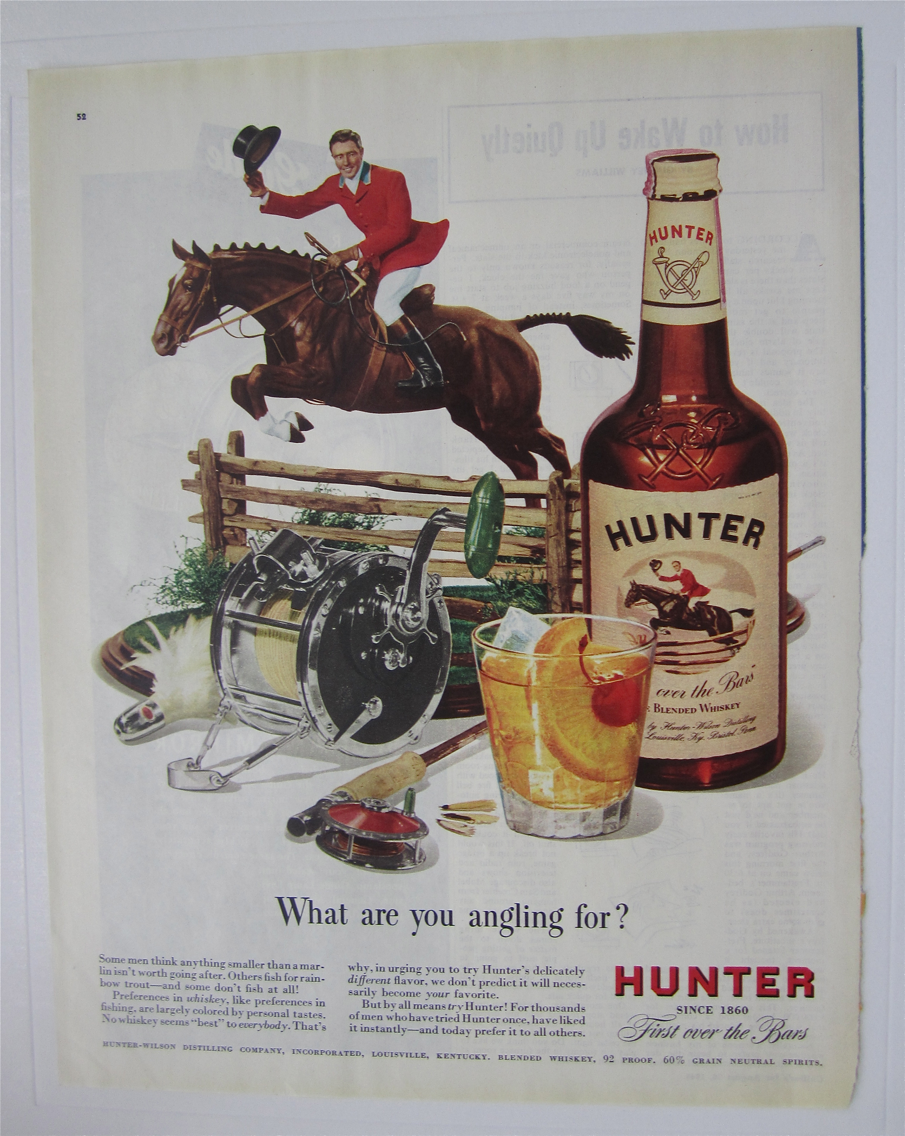 1948 Hunter Whiskey with Man on Horse Jumping Fence