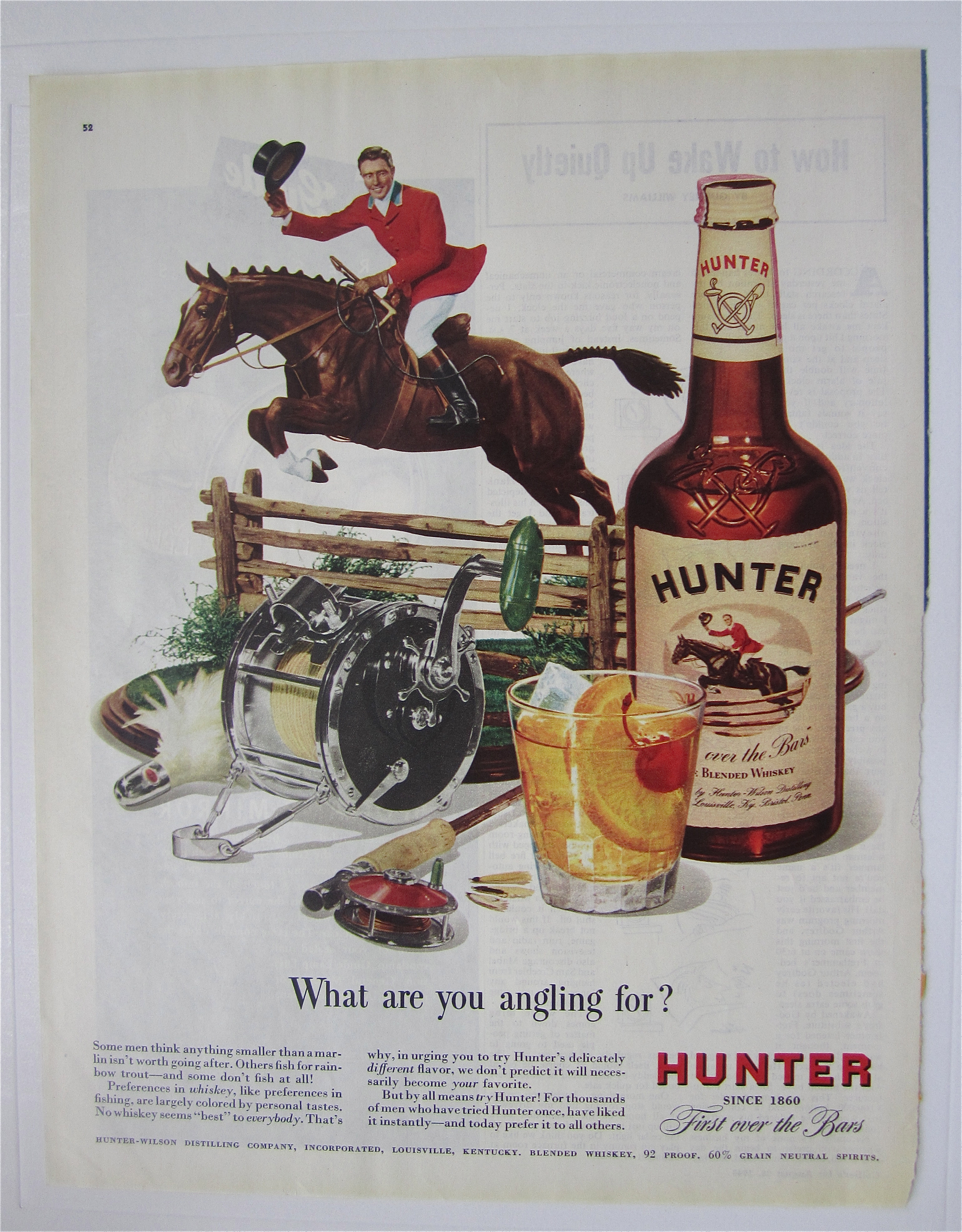 1948 Hunter Whiskey with Man on Horse Jumping Fence