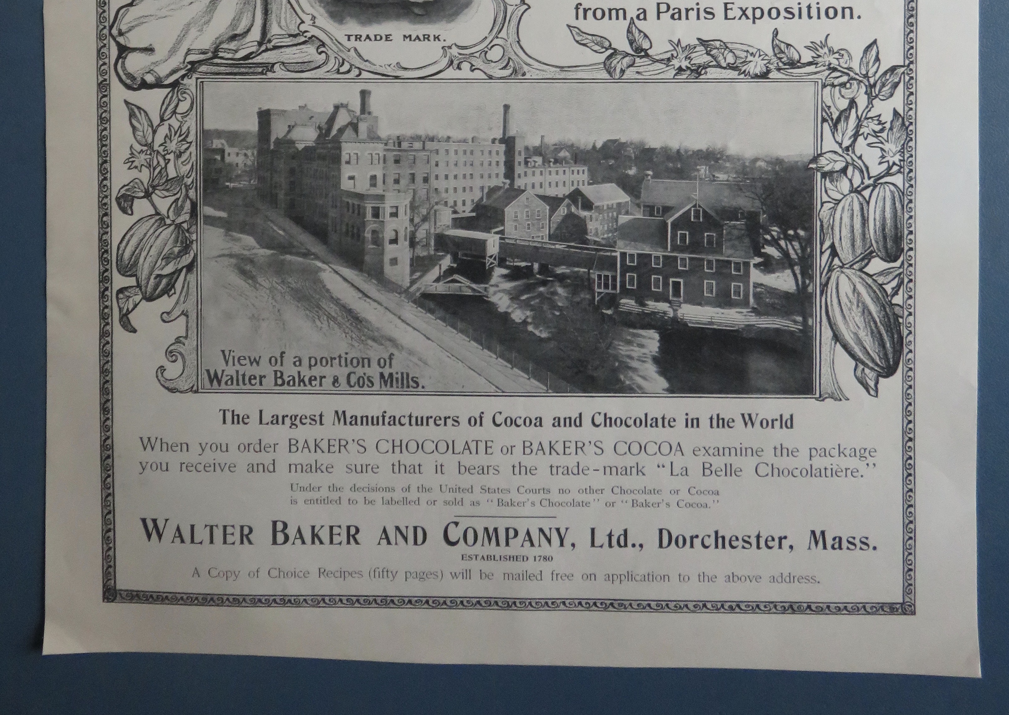 1912 Walter Baker & Co. Cocoa & Chocolate with Building