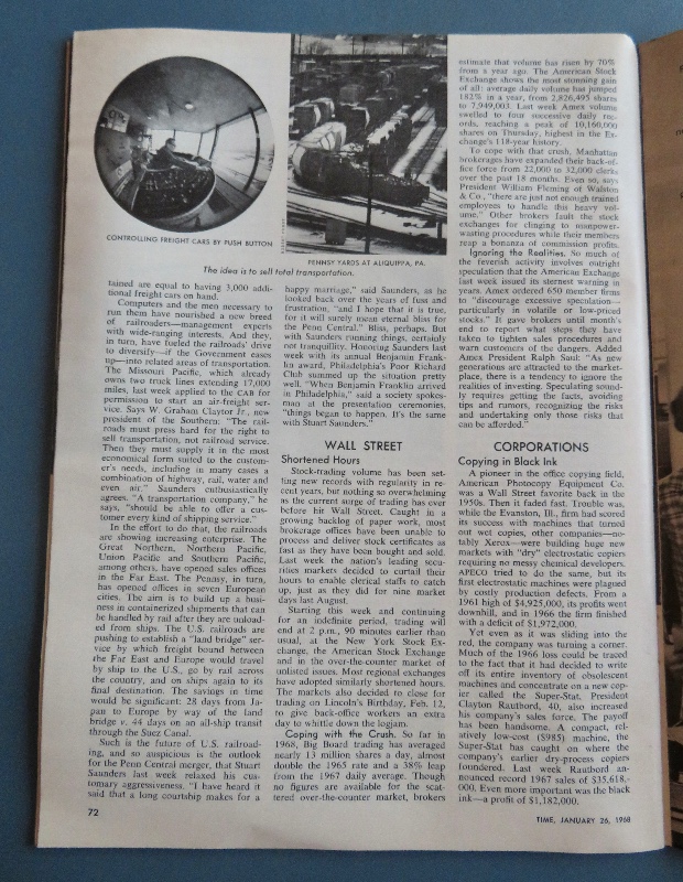 Time Magazine January 26, 1968 Penn Central's Stuart Saunders