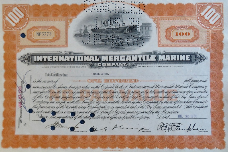 1930 International Mercantile Marine Company Stock Certificate