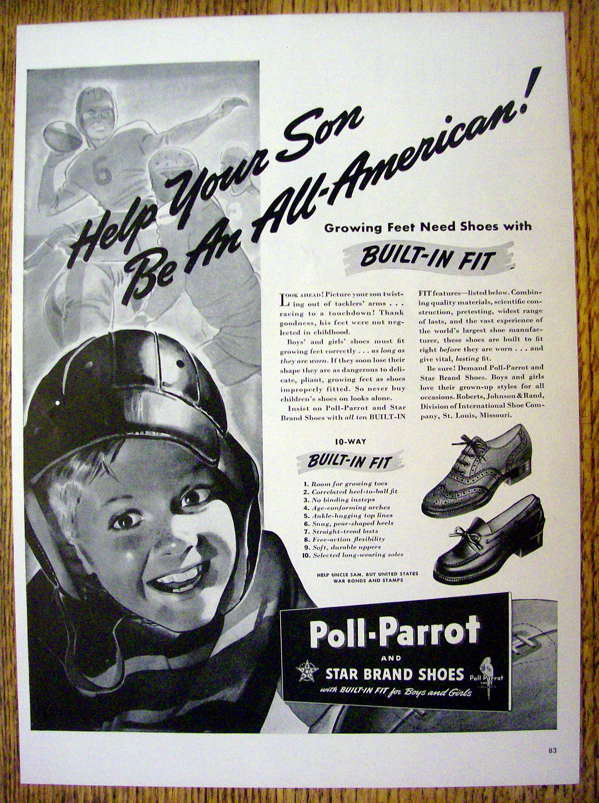 1942 Poll Parrot Shoes with Little Boy Wearing Helmet
