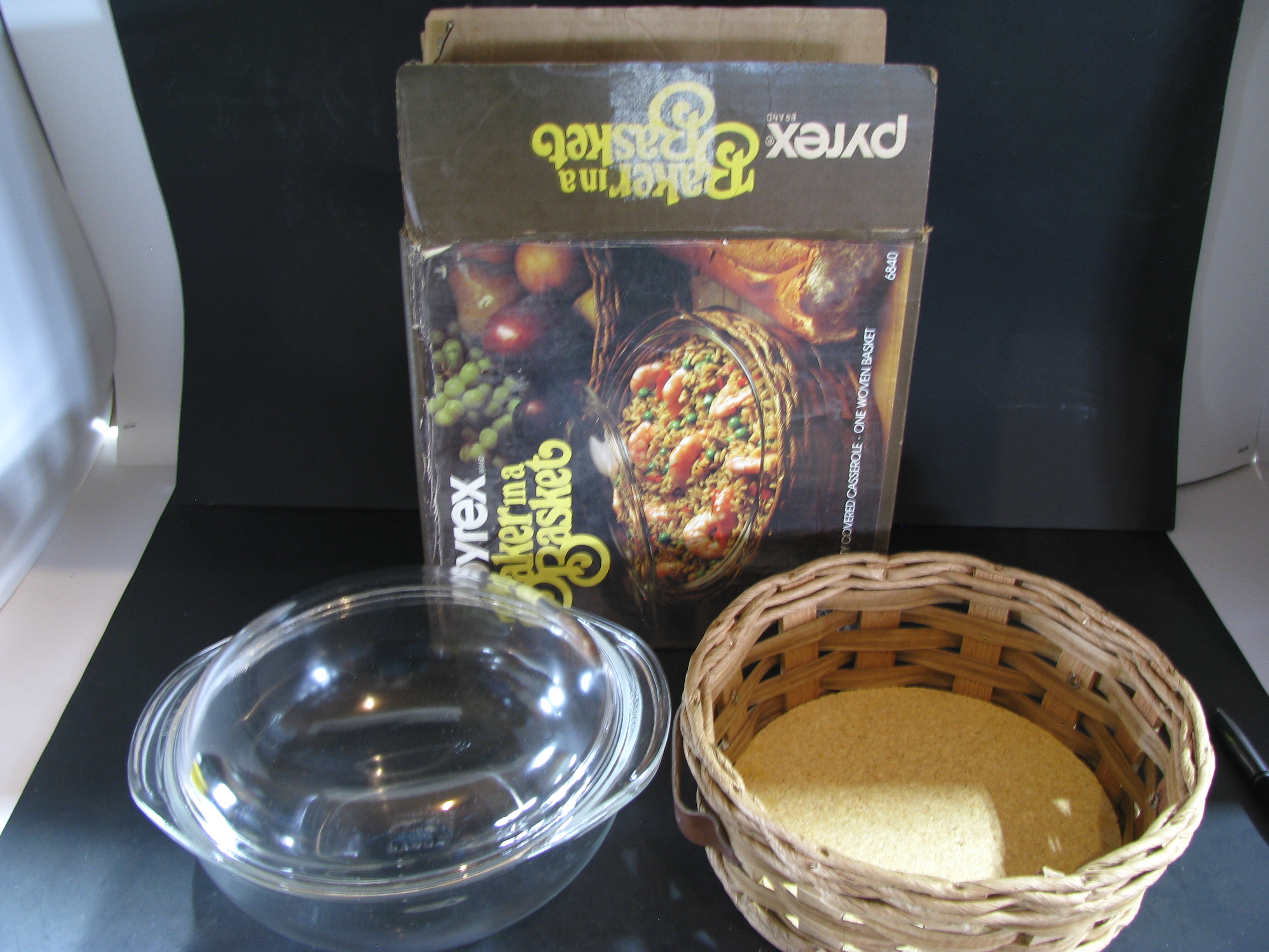 Vintage Pyrex Baker in a Basket