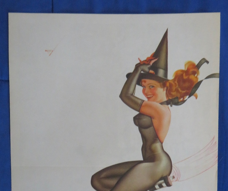 Original 1945 Sexy Halloween Pin Up Girl Wearing A Black Bodysuit Wearing A Witch's Hat While On A Broom By George Petty