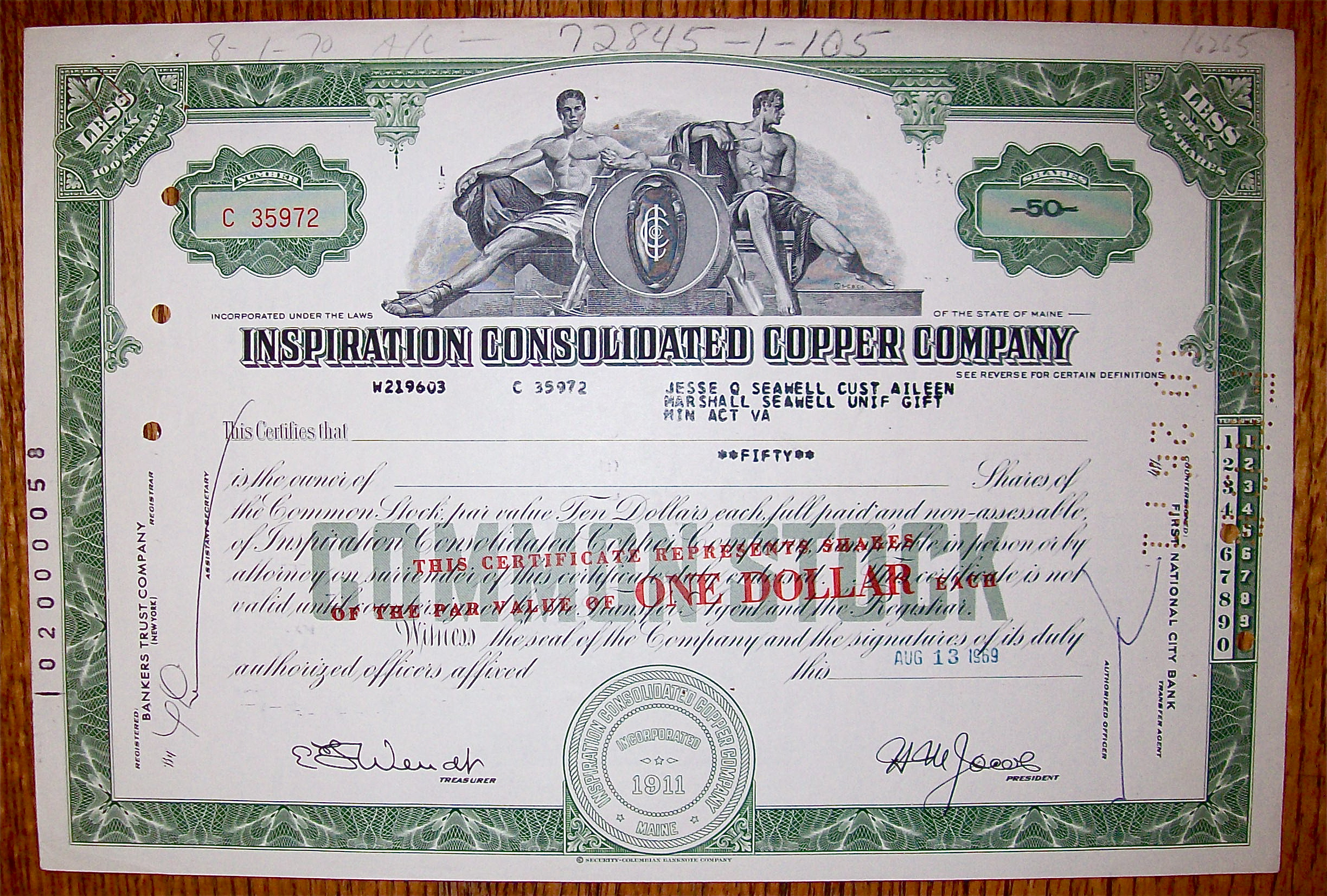 1969 Inspiration Consolidated Copper Co Stock