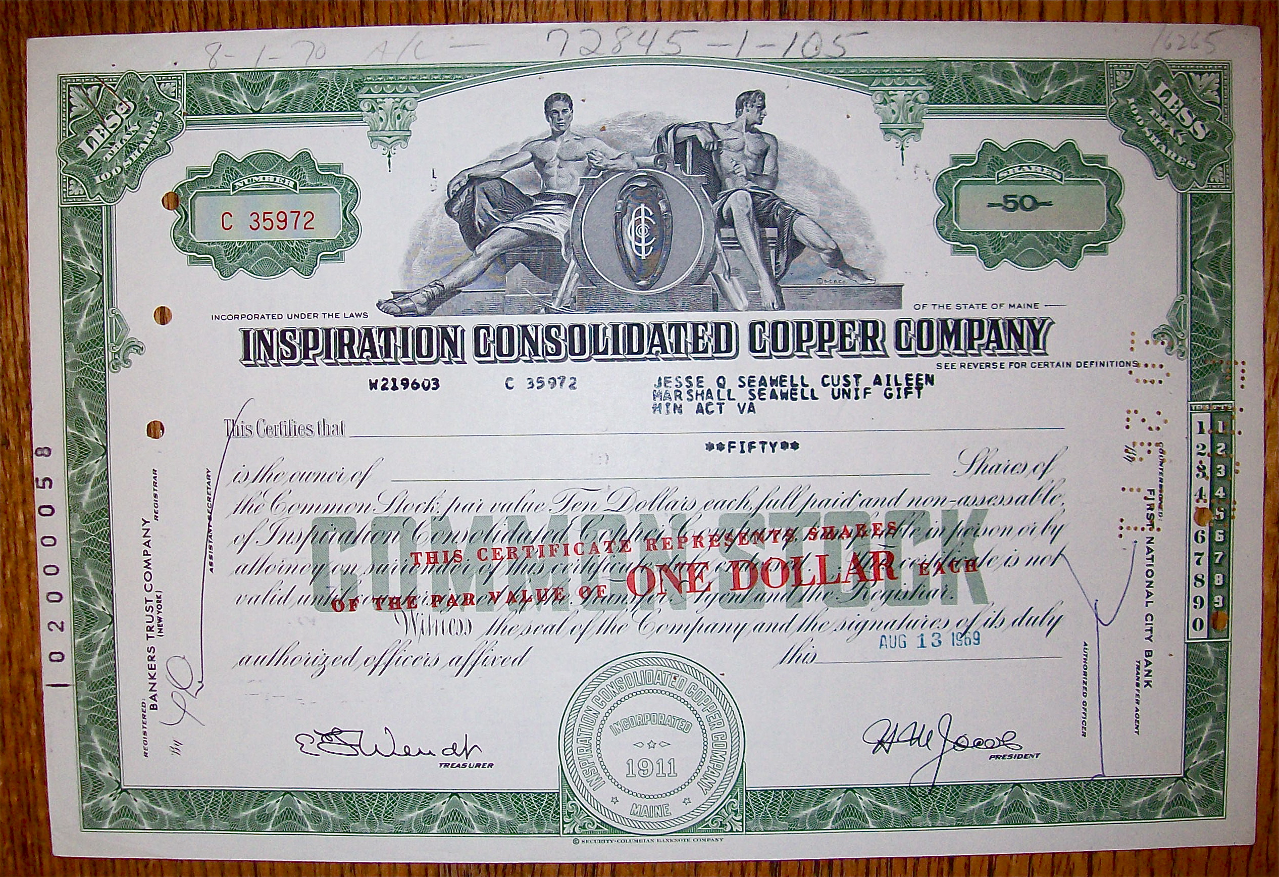 1969 Inspiration Consolidated Copper Co Stock