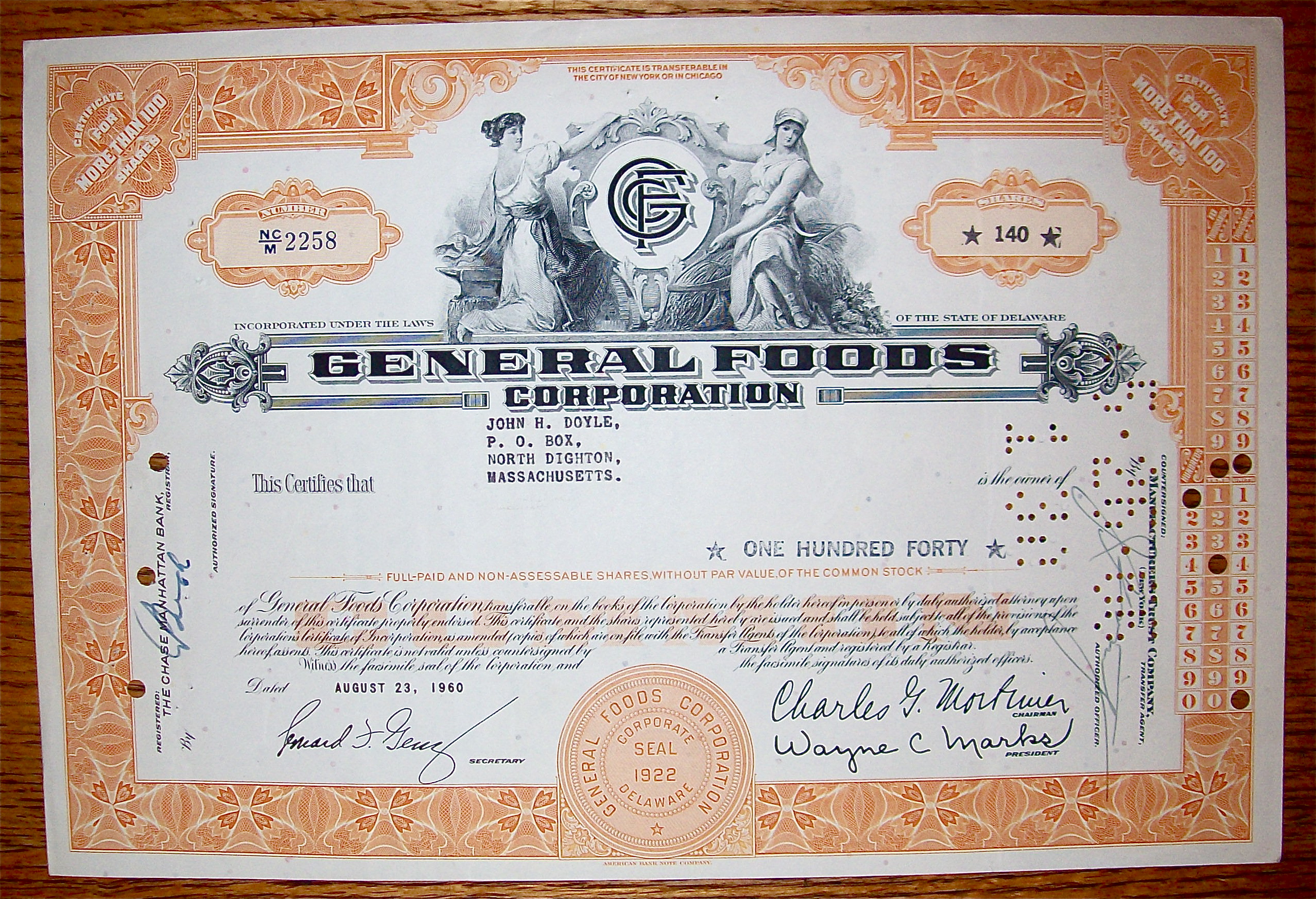 1960 General Foods Corporation Stock Certificate
