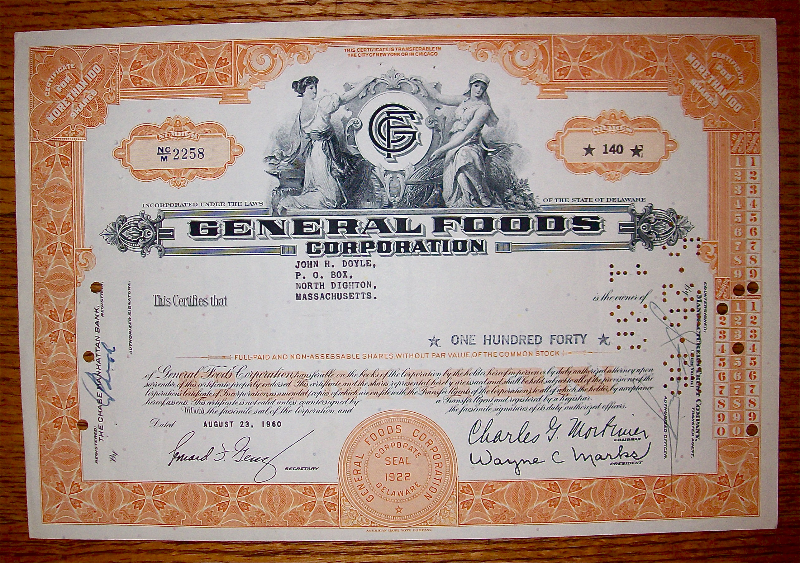 1960 General Foods Corporation Stock Certificate