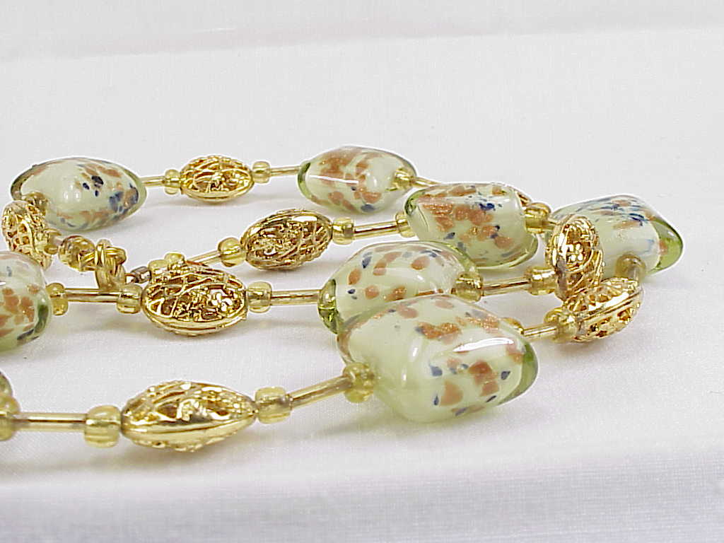 Aventurine Gold Flecked Art Glass And Filigree Bead Necklace