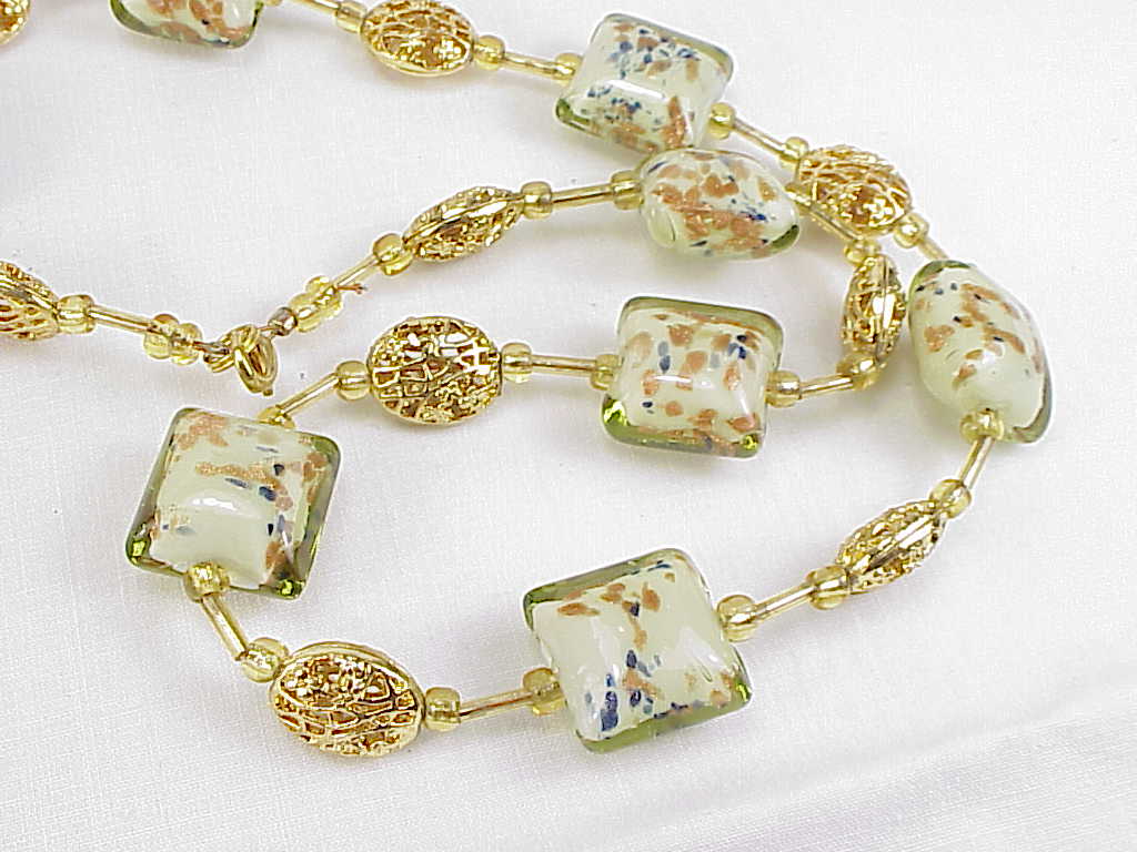 Aventurine Gold Flecked Art Glass And Filigree Bead Necklace