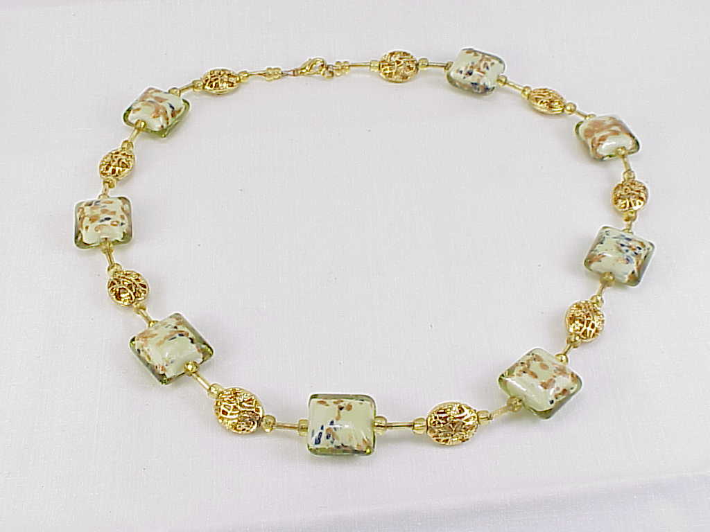 Aventurine Gold Flecked Art Glass And Filigree Bead Necklace