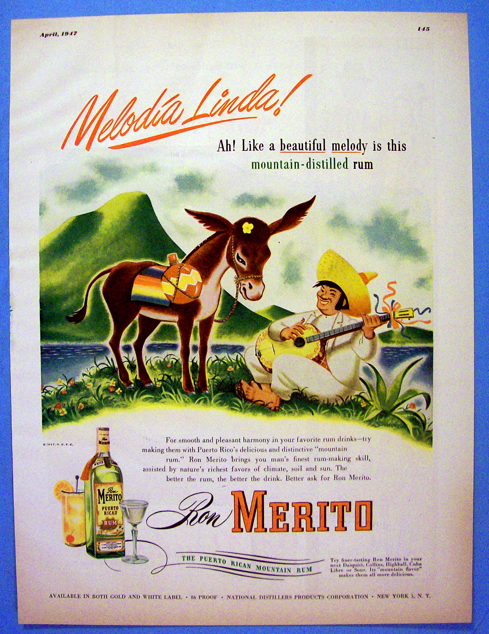 1947 Ron Merito Rum with Man and Donkey