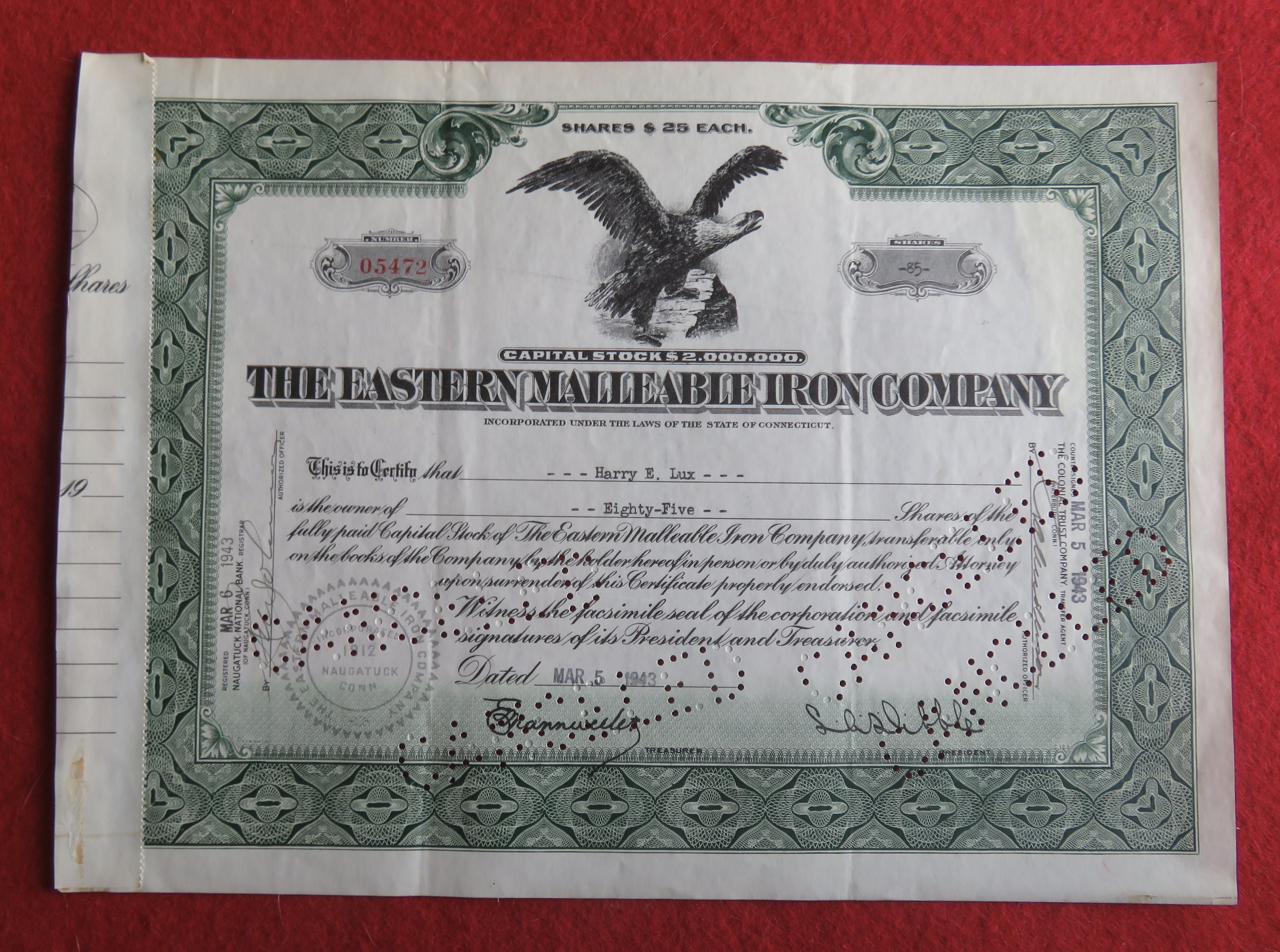 1943 The Eastern Malleable Iron Co Stock Certificate