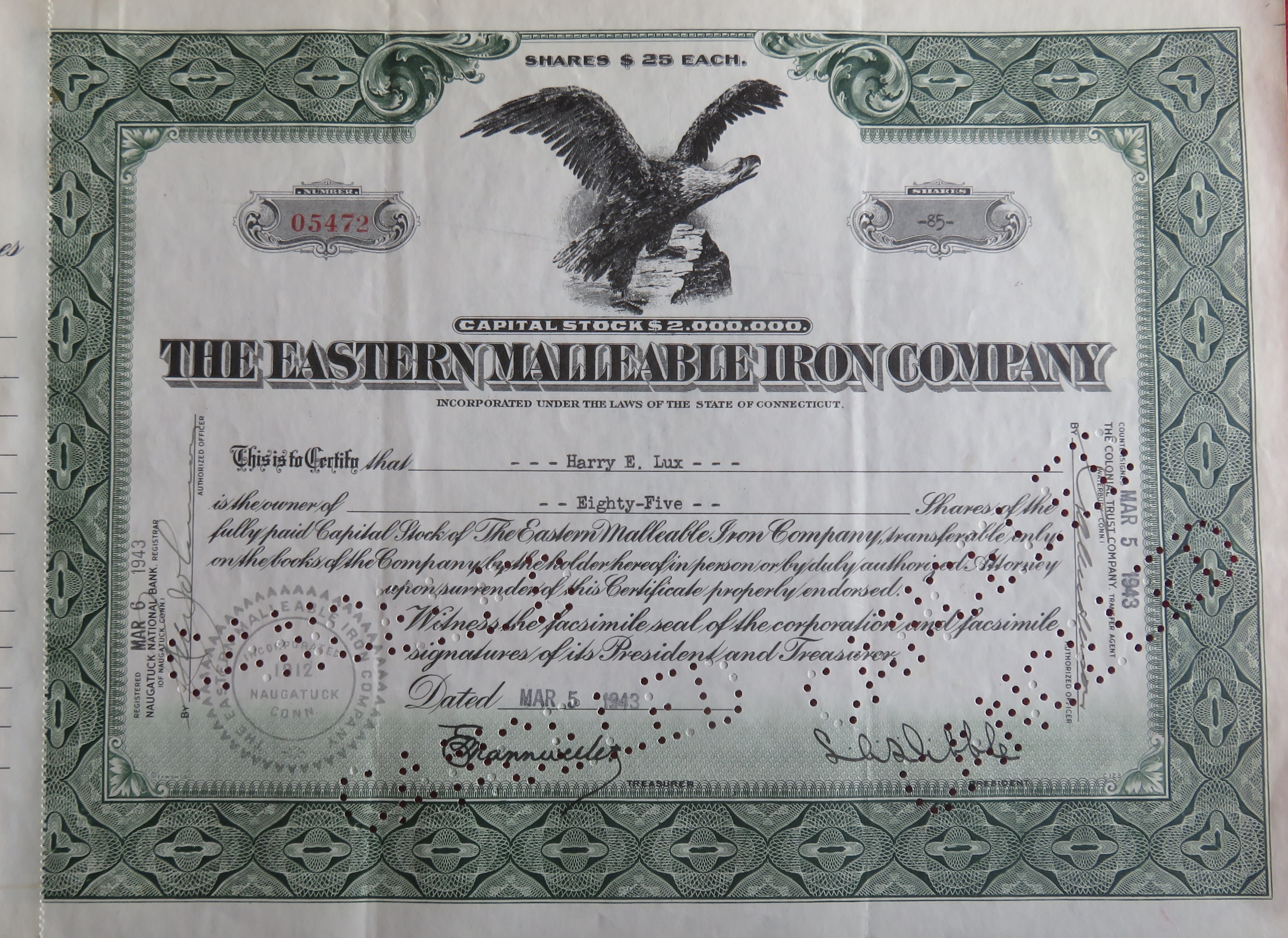 1943 The Eastern Malleable Iron Co Stock Certificate