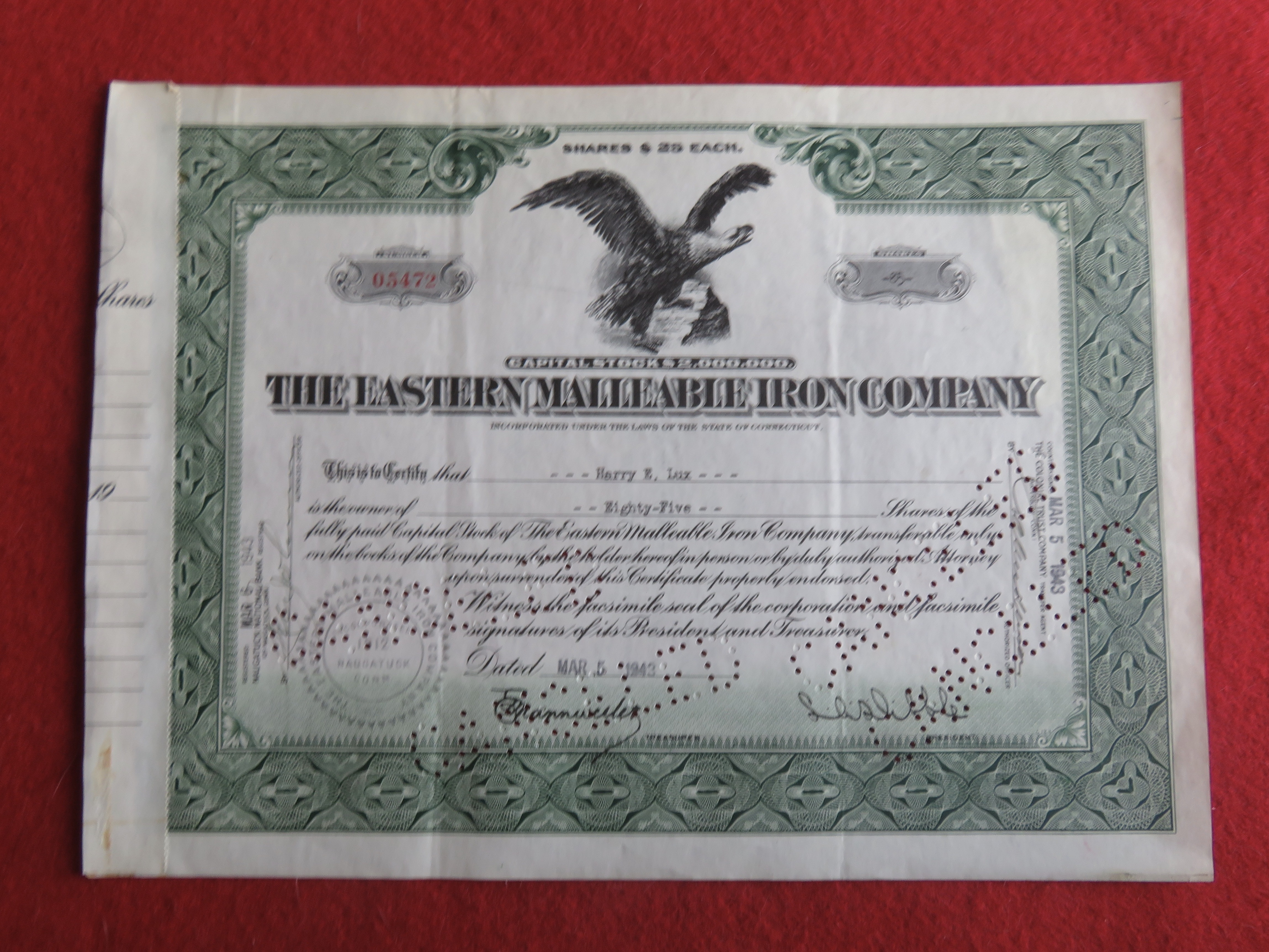 1943 The Eastern Malleable Iron Co Stock Certificate