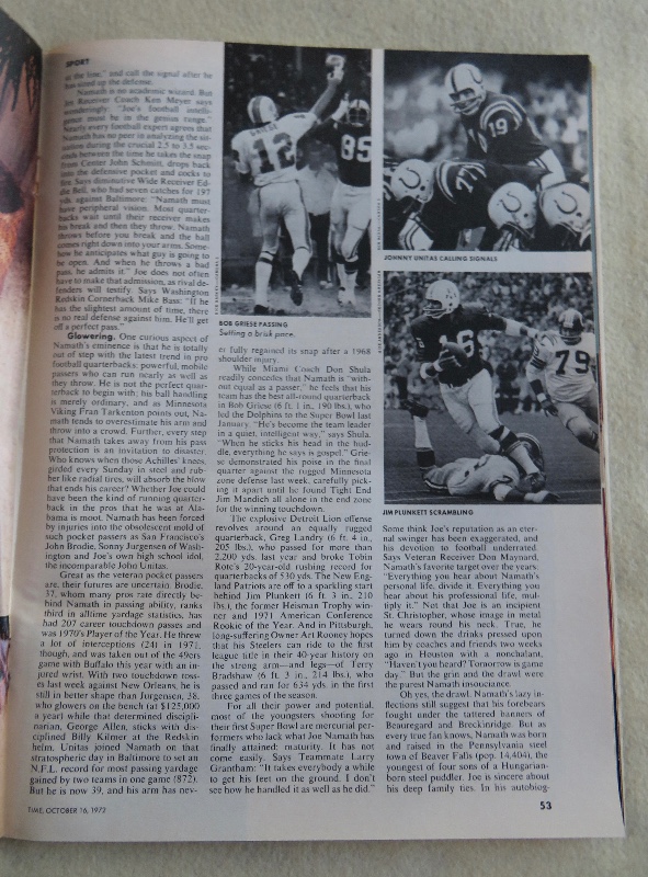 Time Magazine October 16, 1972 Joe Namath