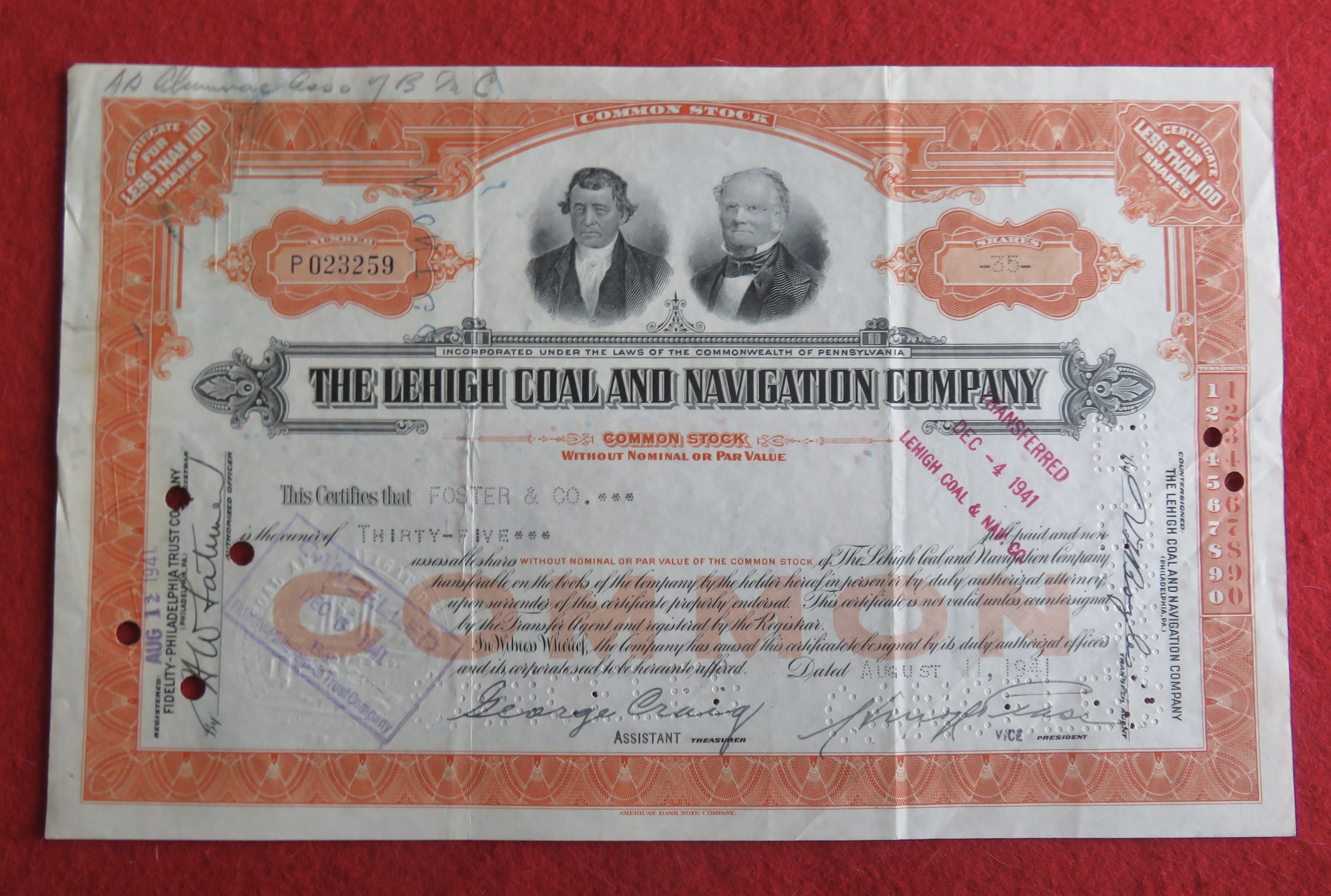 1941 The Lehigh Coal & Navigation Co Stock Certificate