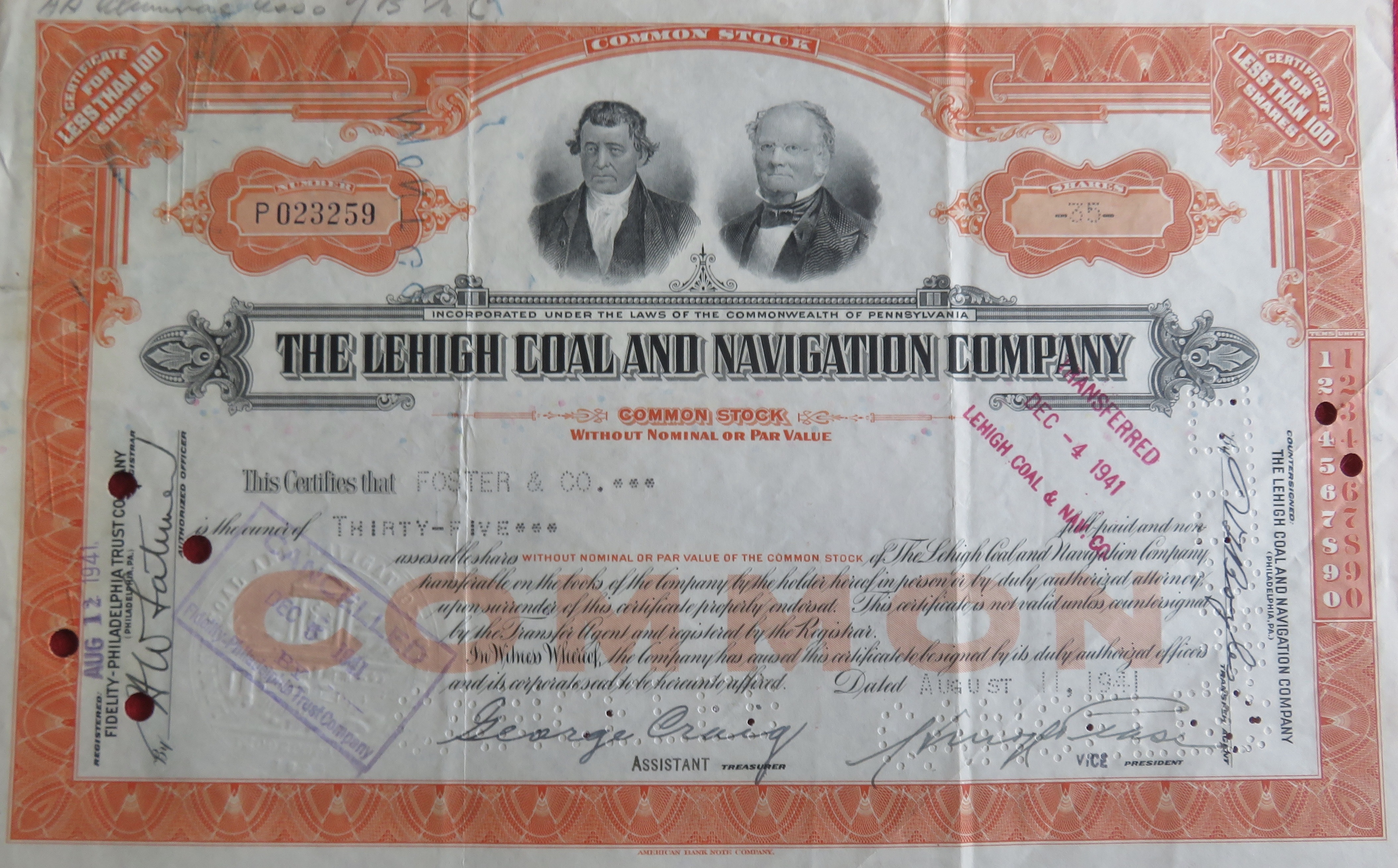 1941 The Lehigh Coal & Navigation Co Stock Certificate