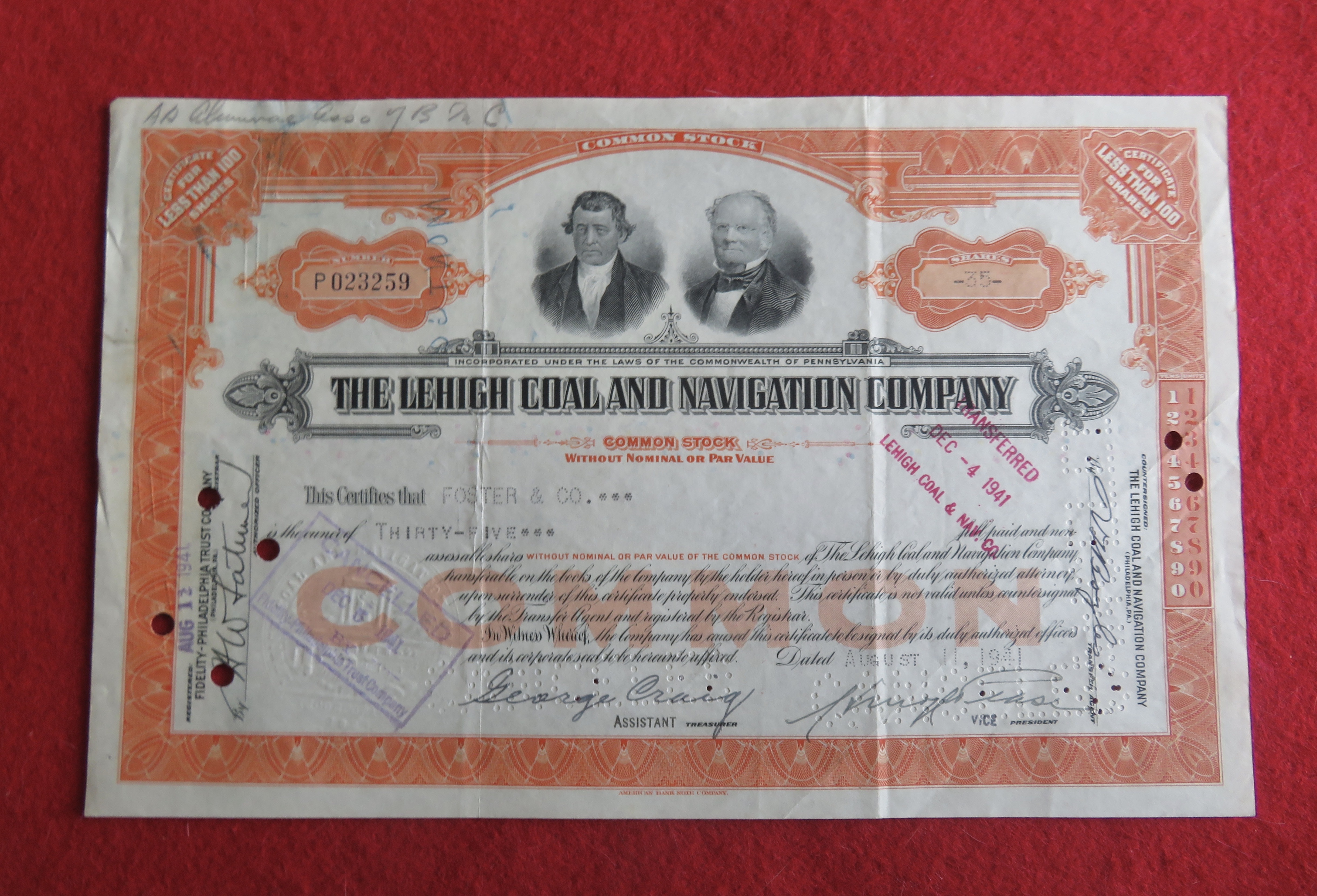 1941 The Lehigh Coal & Navigation Co Stock Certificate