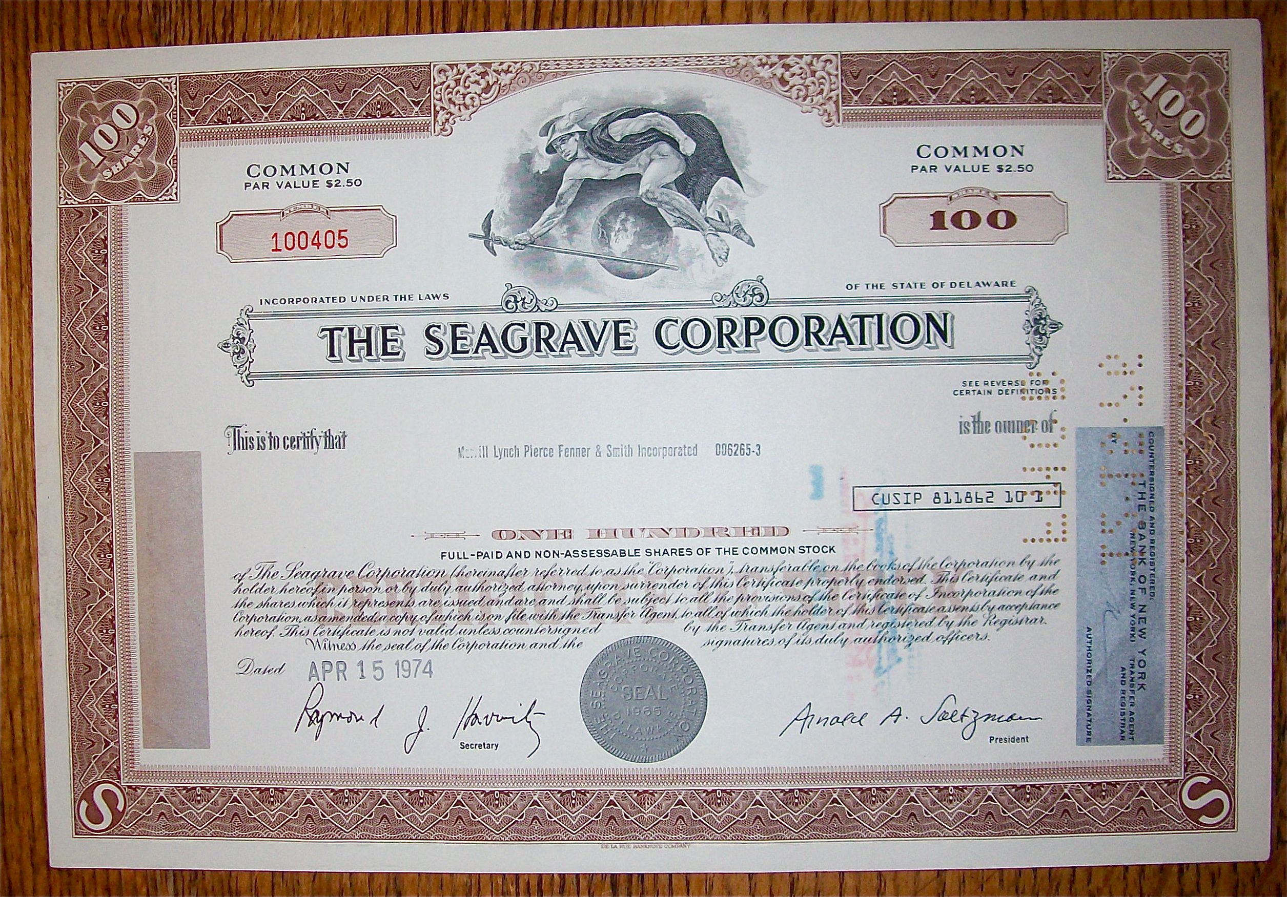 1974 Seagrave Corporation 100 Shares Stock