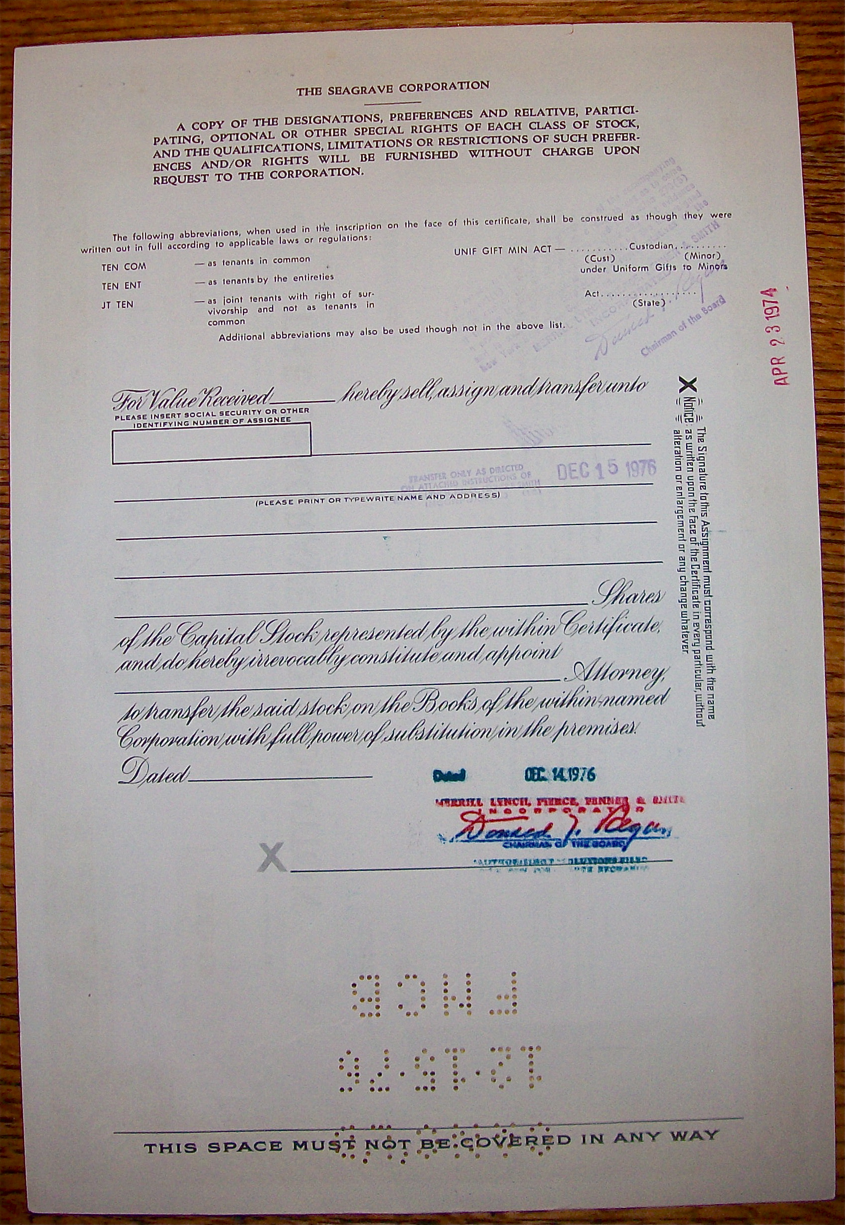 1974 Seagrave Corporation 100 Shares Stock