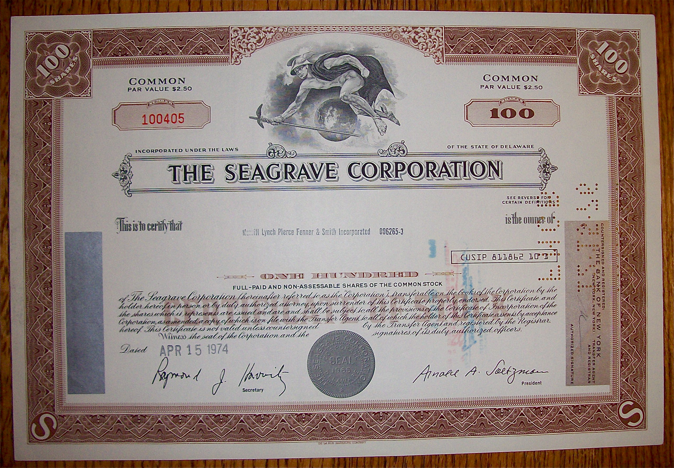 1974 Seagrave Corporation 100 Shares Stock