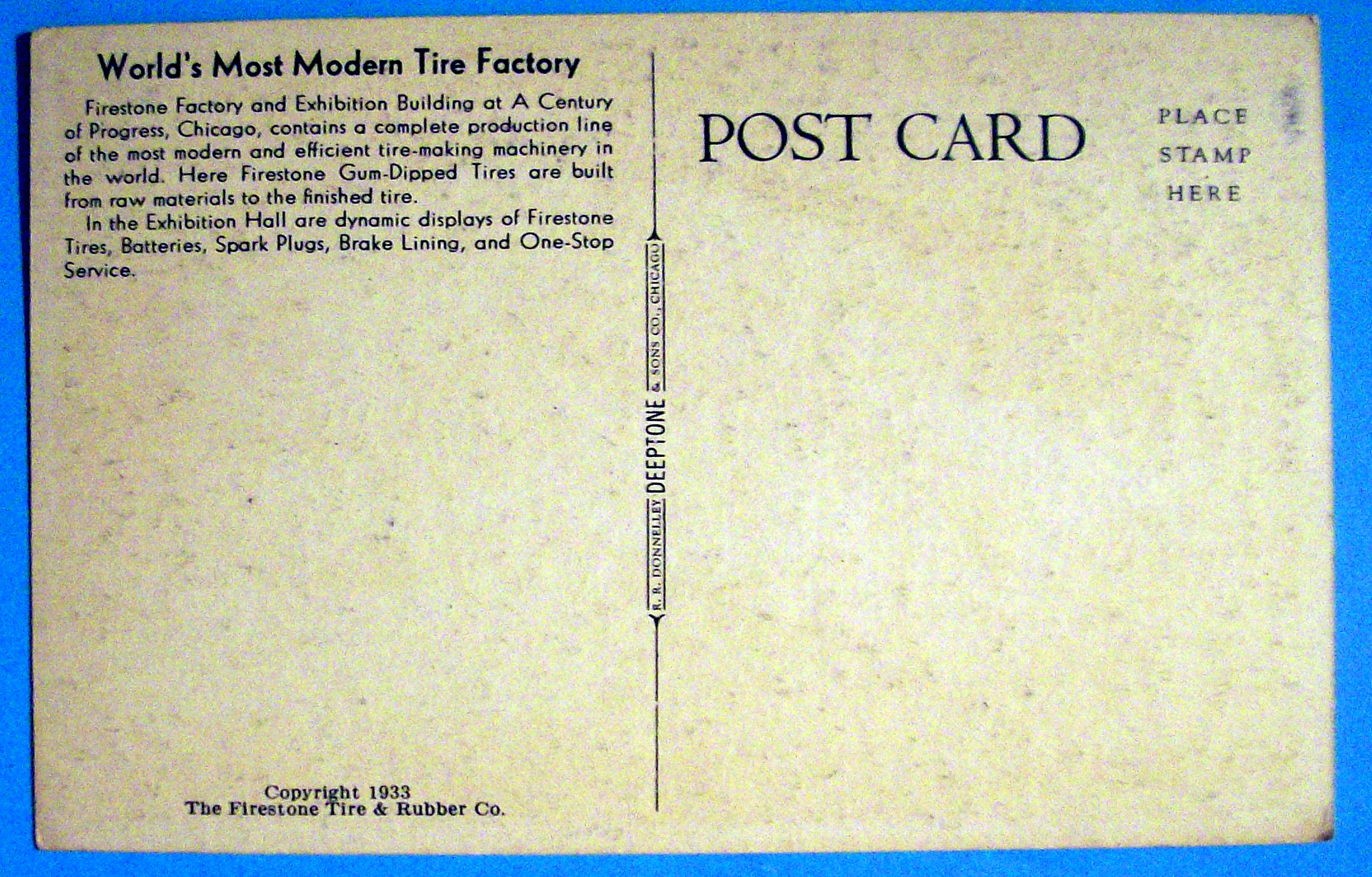 Firestone Factory & Exhibition Postcard (Chicago Fair)