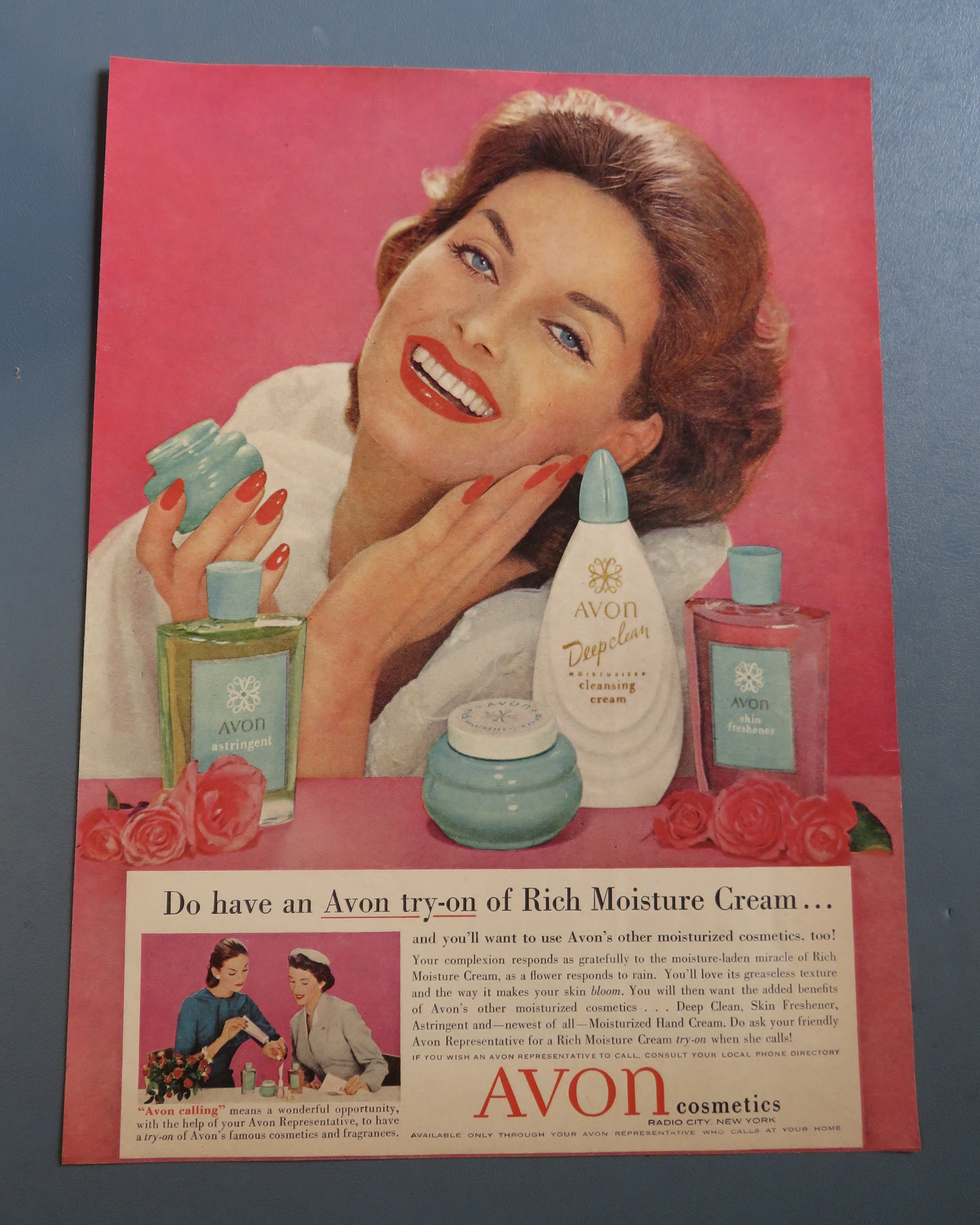 1958 Avon Cosmetics with Woman Putting Cream On Face