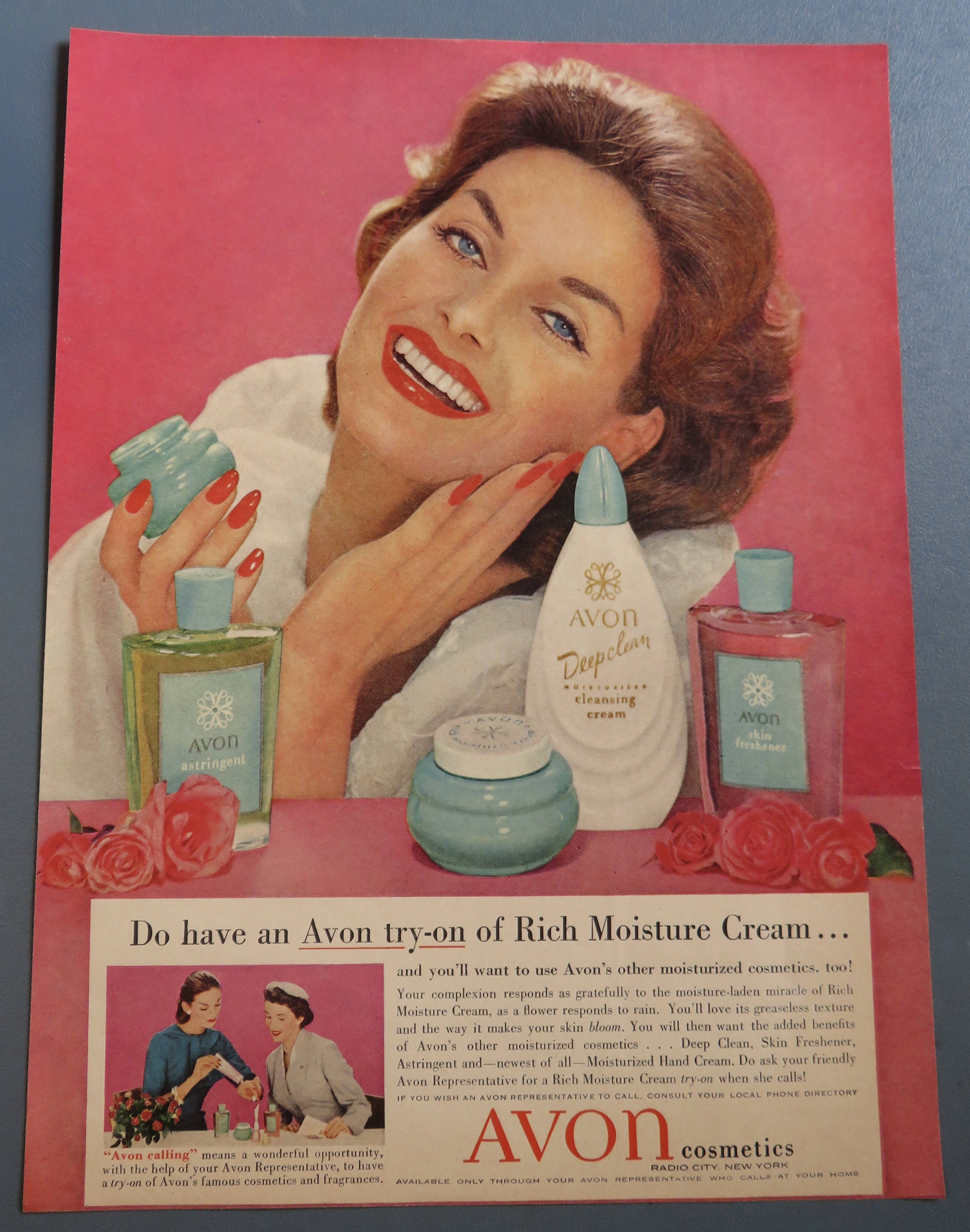 1958 Avon Cosmetics with Woman Putting Cream On Face