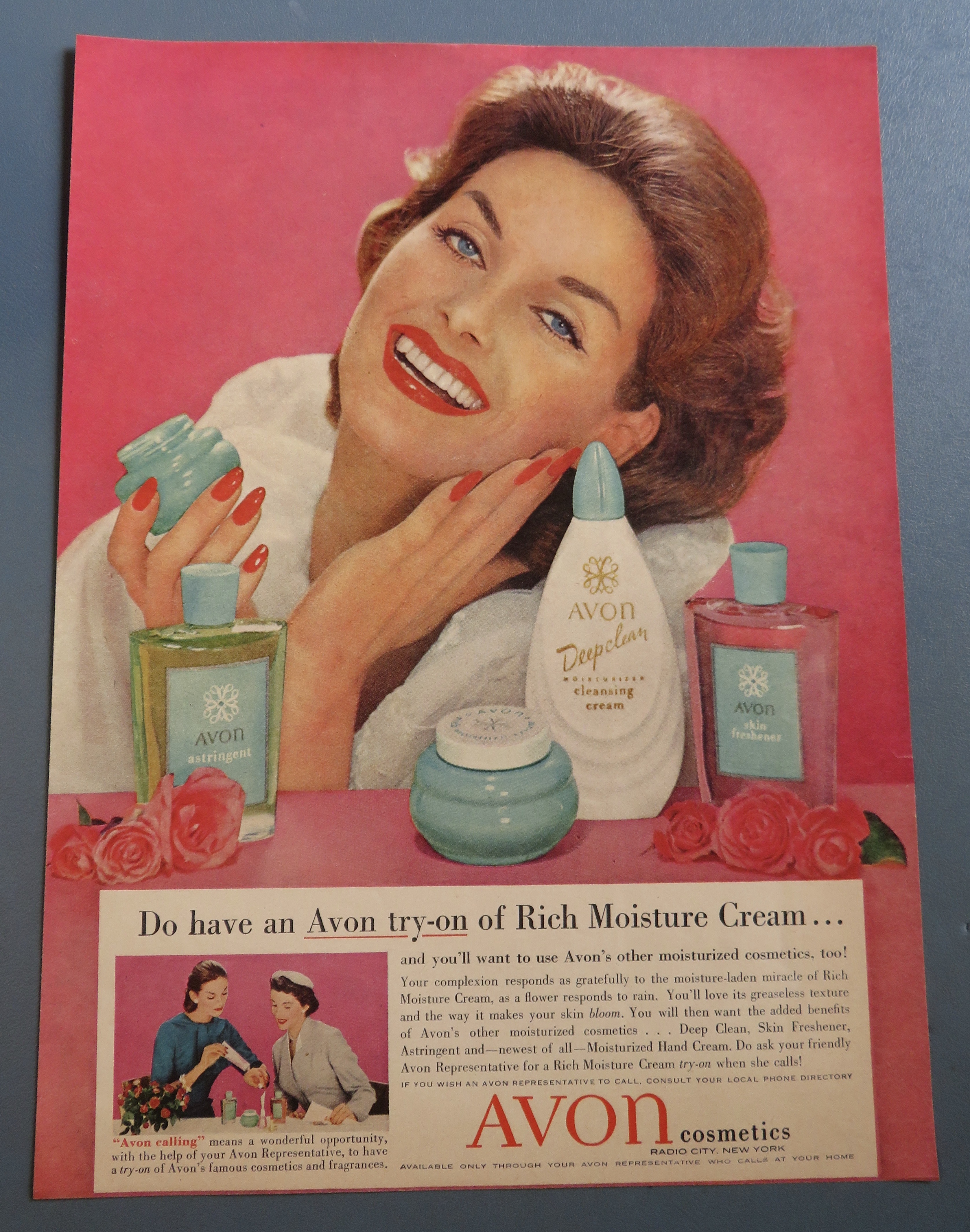 1958 Avon Cosmetics with Woman Putting Cream On Face