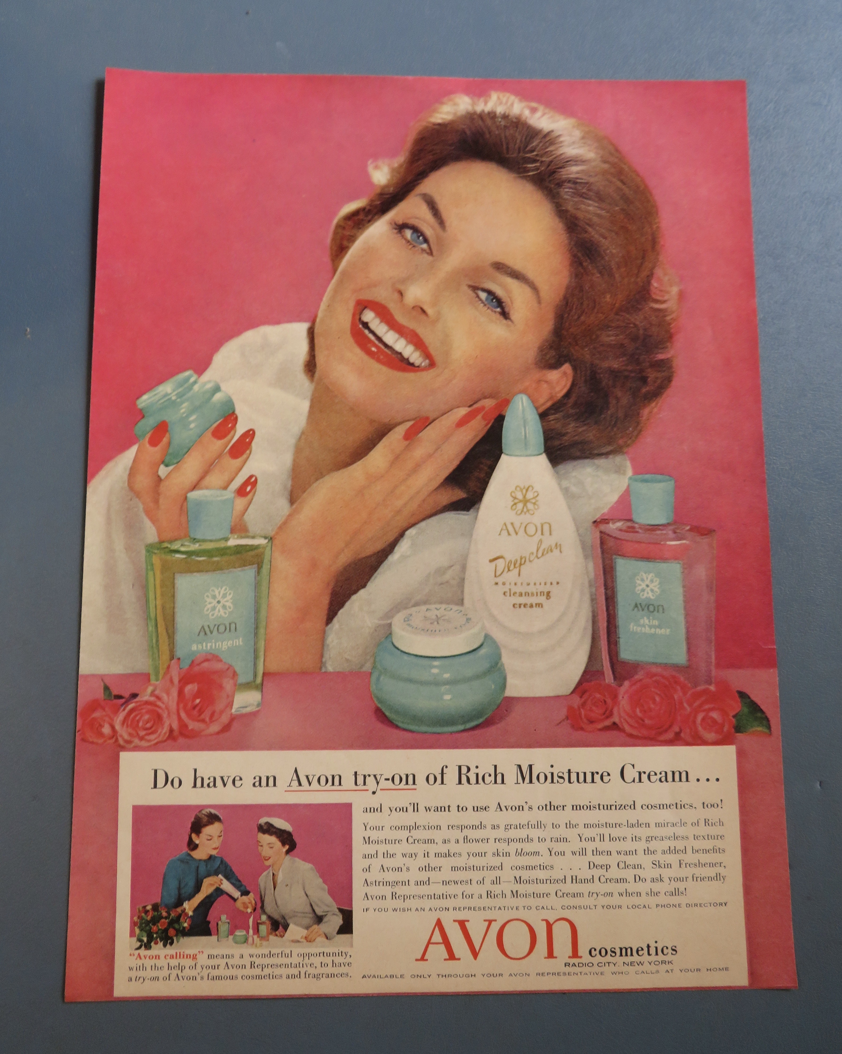 1958 Avon Cosmetics with Woman Putting Cream On Face