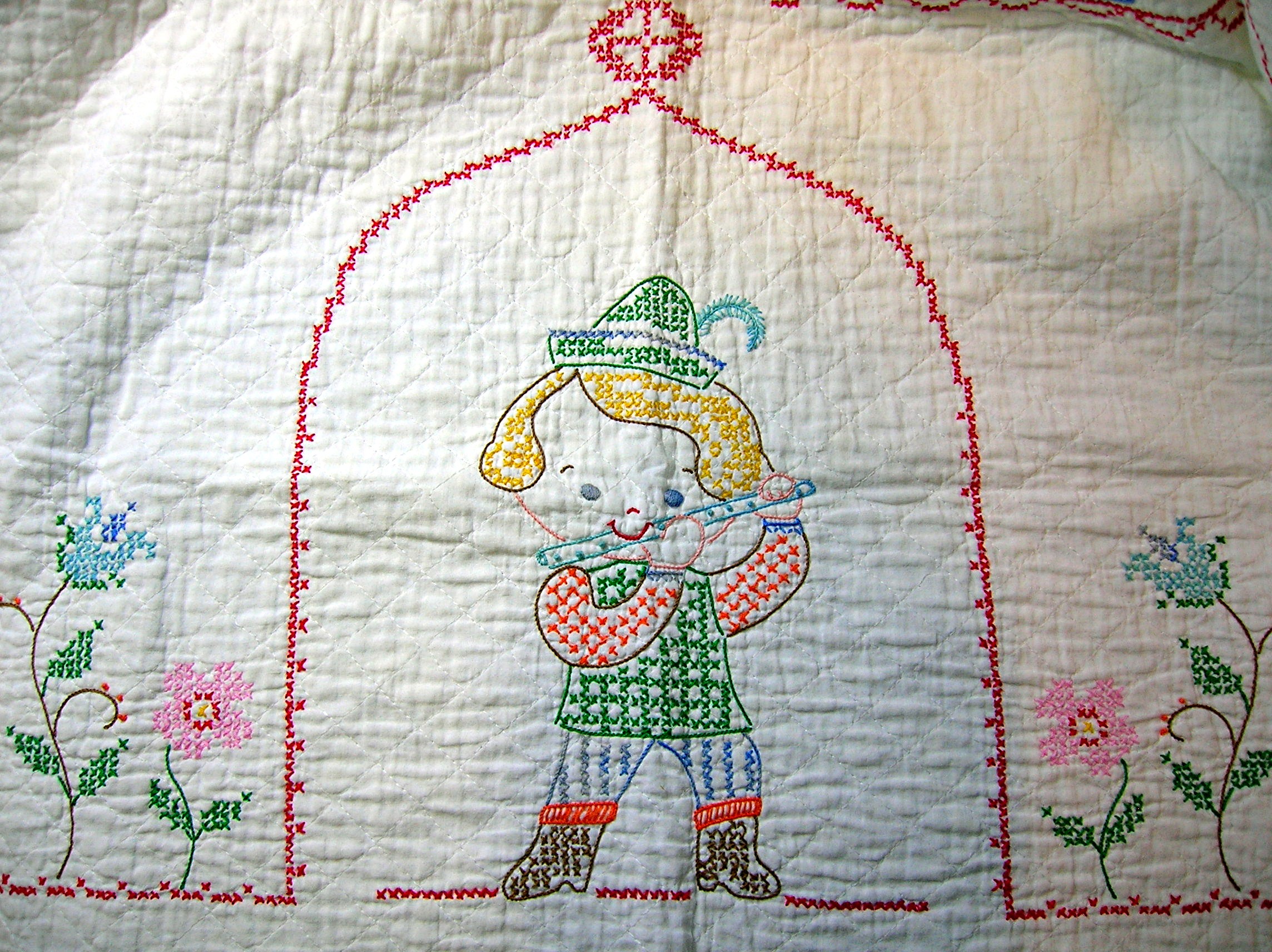 Cross Stich  Nursery Rhyme Baby Quilt Hand Made
