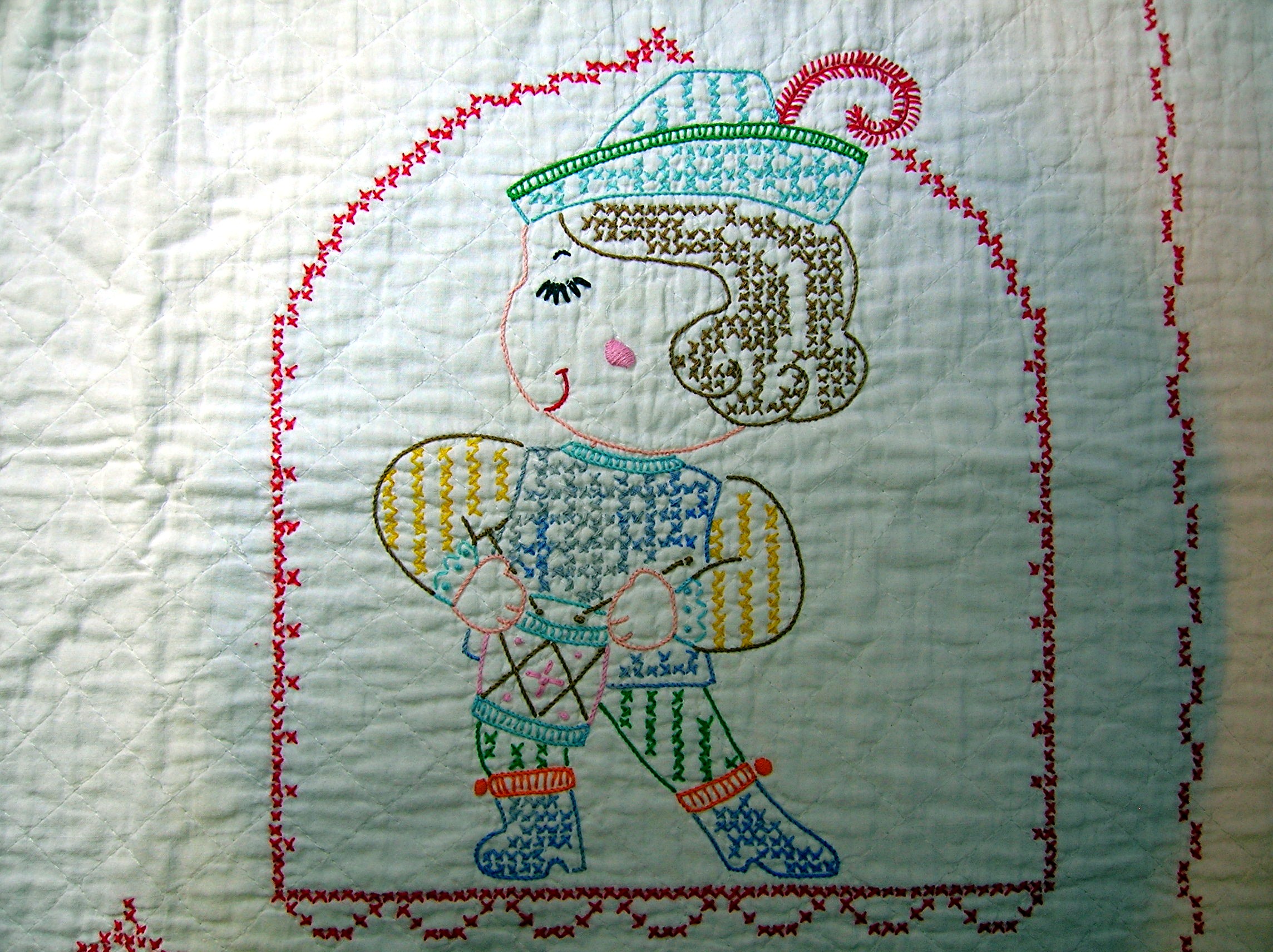 Cross Stich  Nursery Rhyme Baby Quilt Hand Made