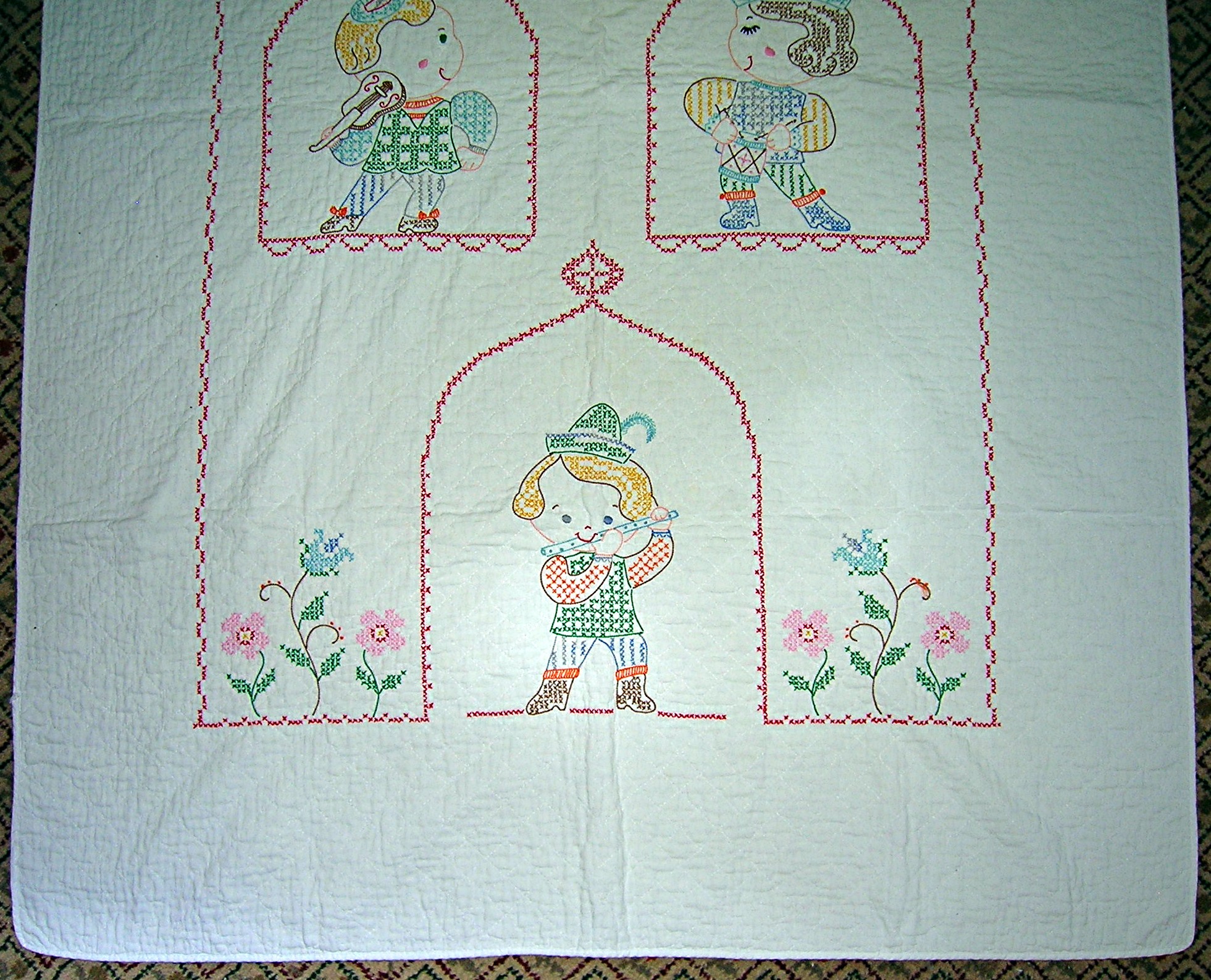 Cross Stich  Nursery Rhyme Baby Quilt Hand Made