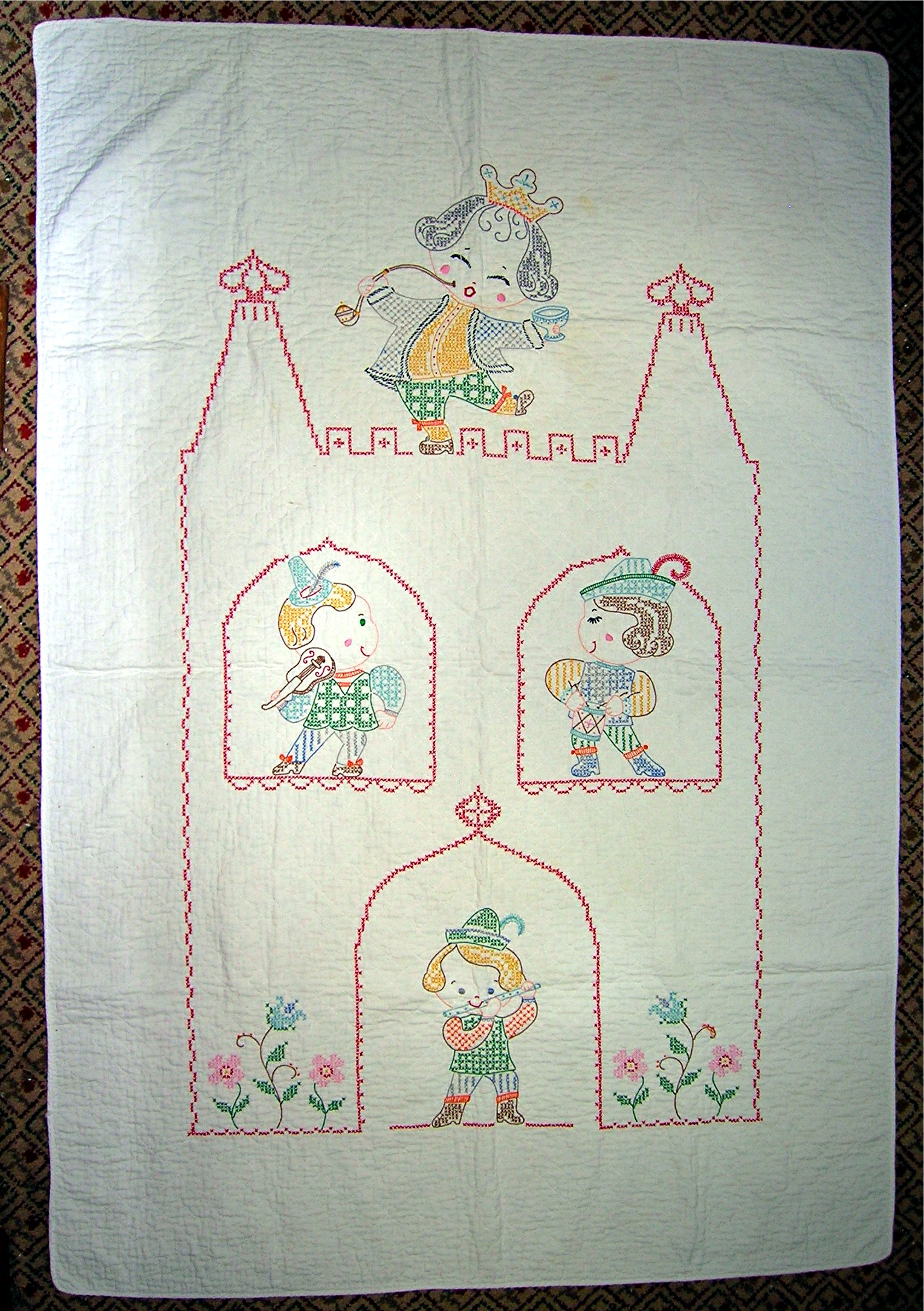 Cross Stich Nursery Rhyme Baby Quilt Hand Made