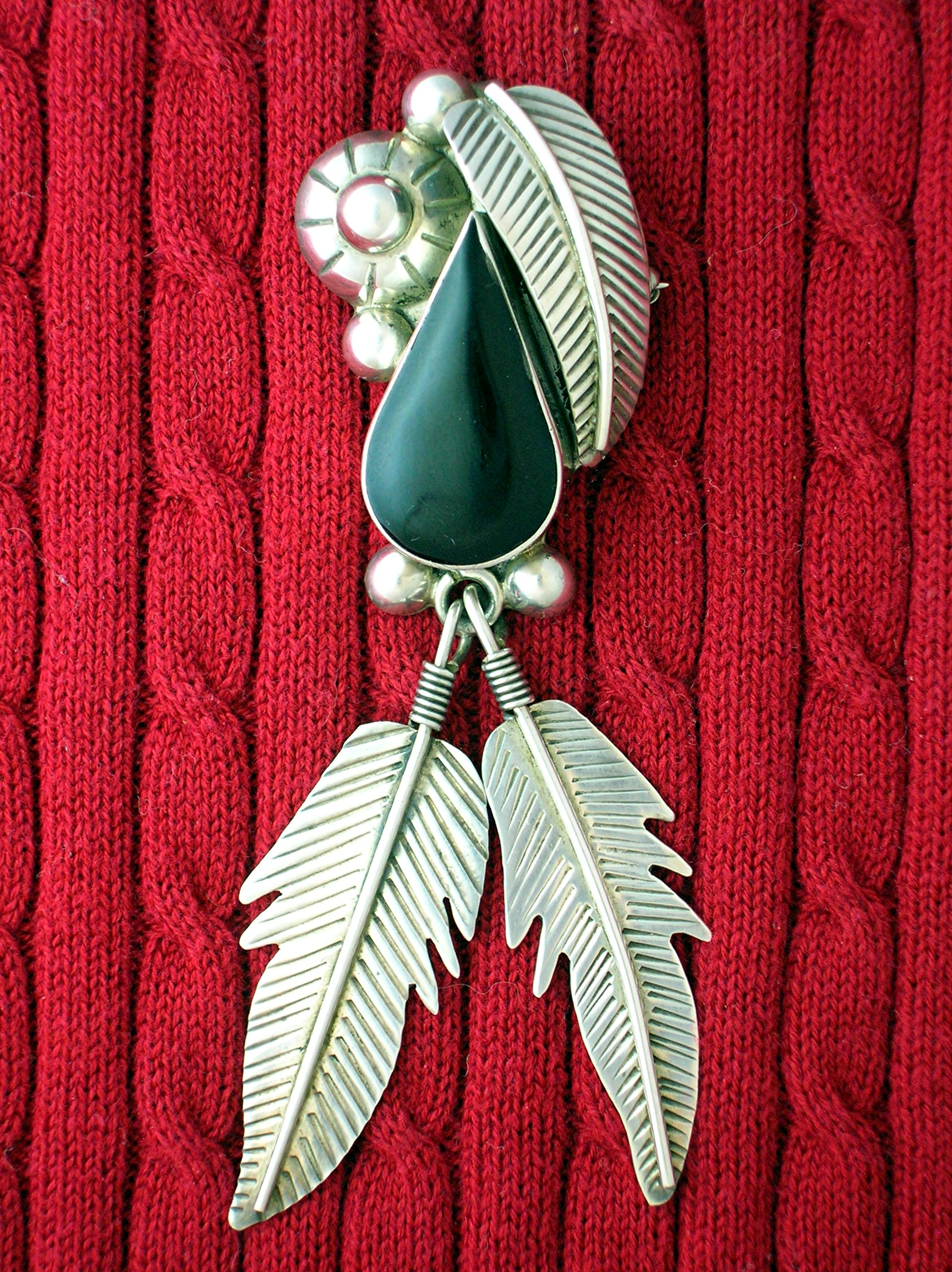 Taxco Mexico Black Onyx Sterling Silver Feathers Pin Pe